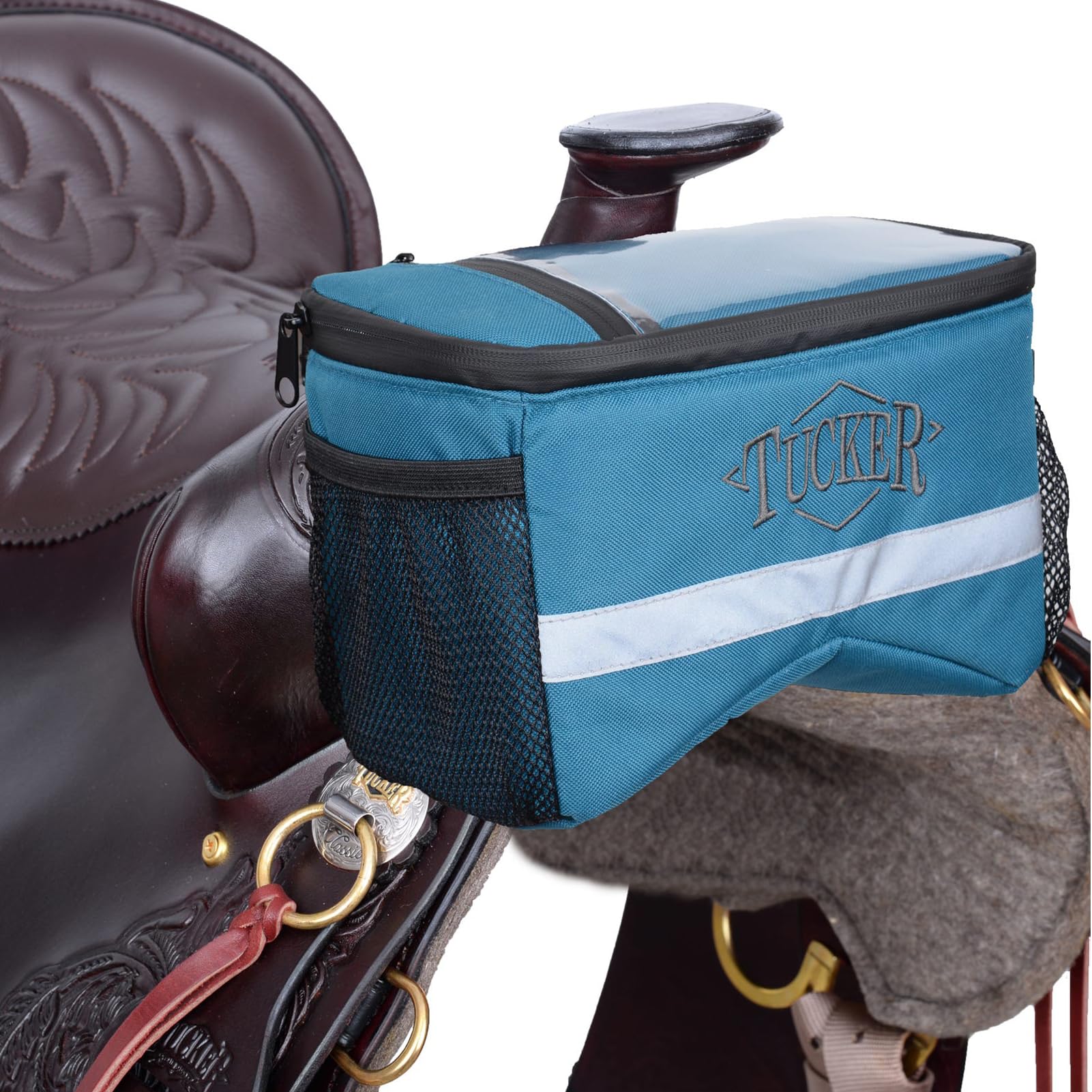 Tucker Navigator Compact Resistant Nylon Contoured Horseback Riding Trail Gear Saddle Pommel Bag w/Waterproof Pockets, Adjustable Strap, Reflective Strip,12x12x4 - Turquoise Blue