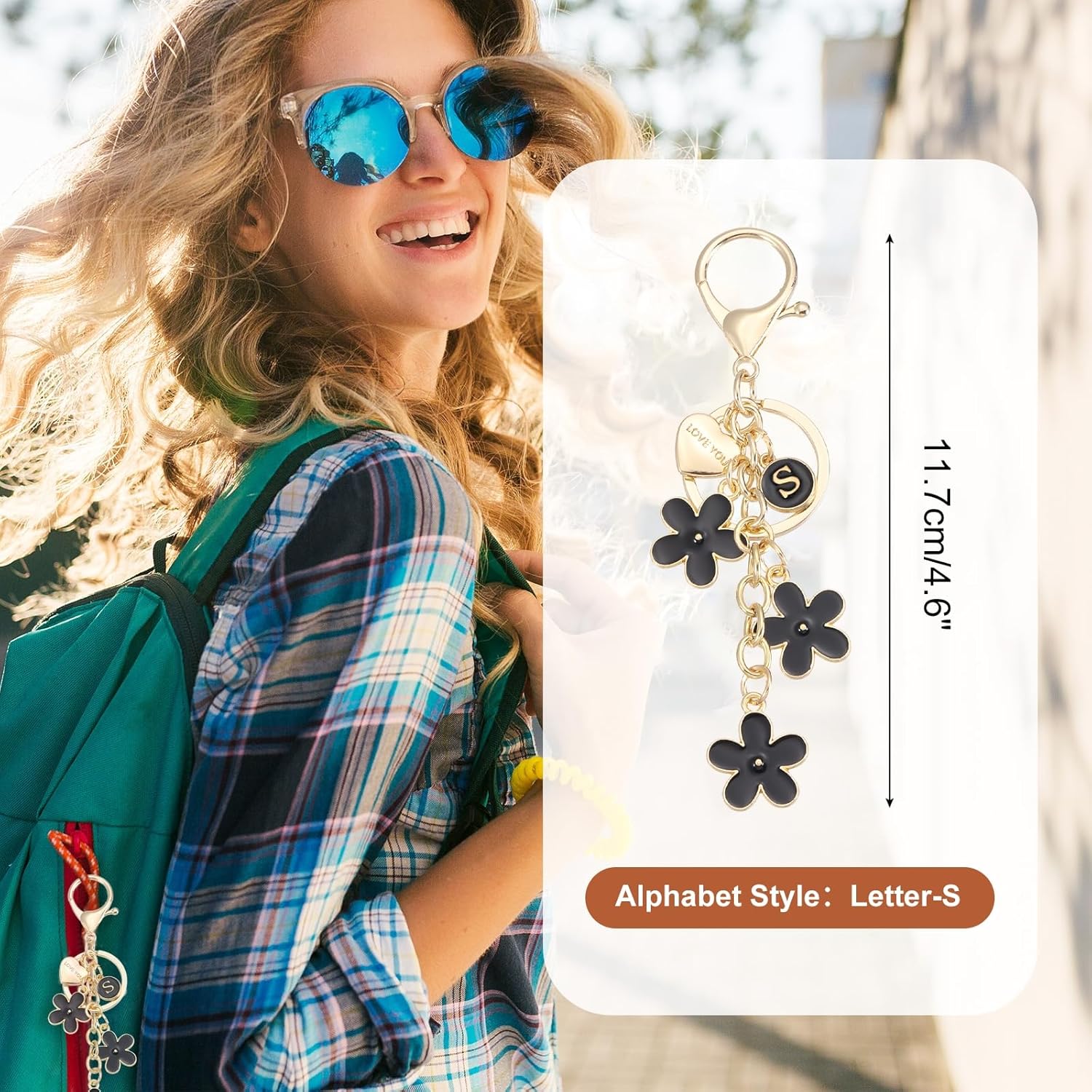 MECCANIXITY Initial Letter Keychain with Love You Heart, Cute Flower Keychain Charm - Image 2