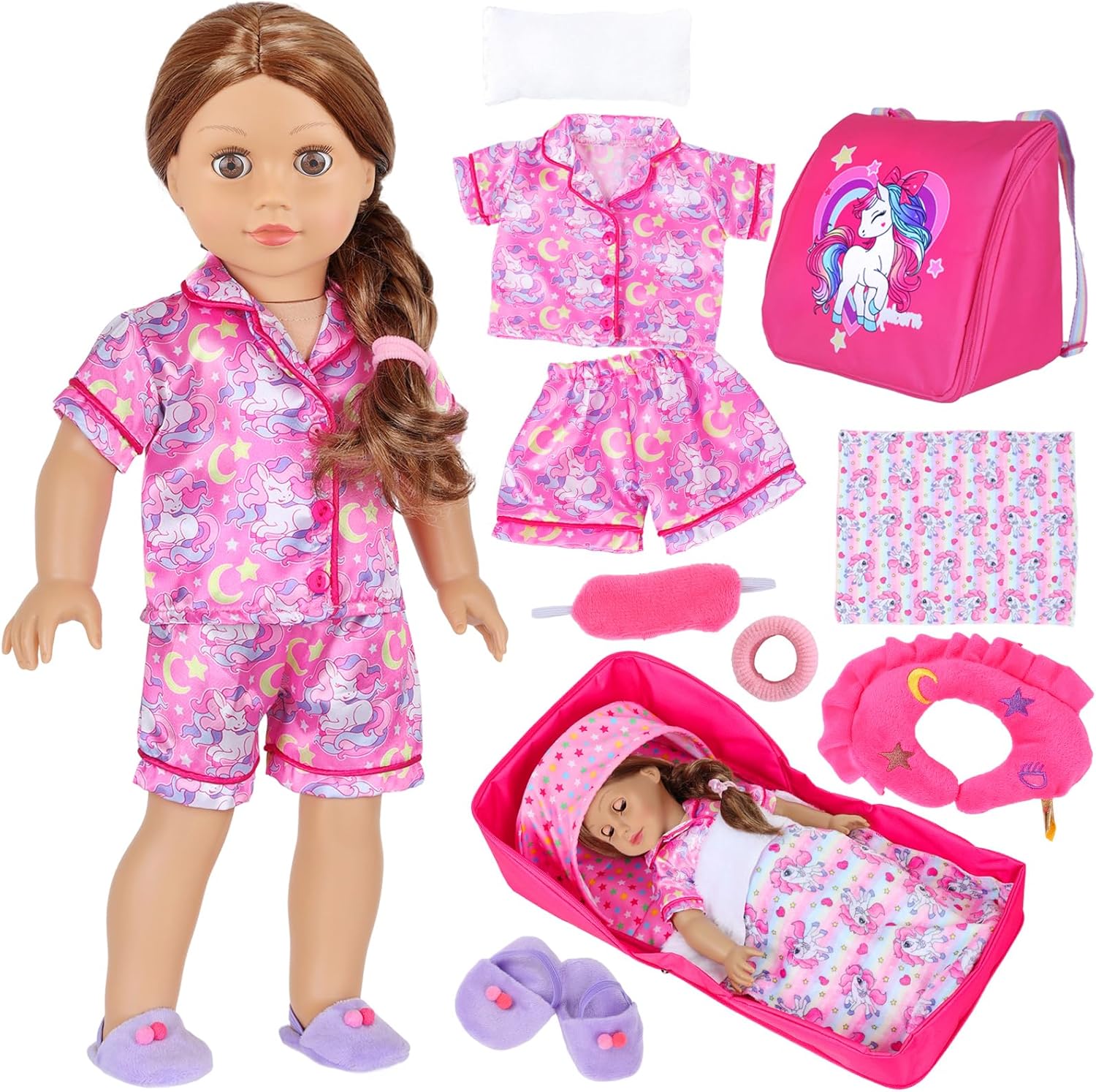 ZITA ELEMENT American Doll Travel Case Shoulder Bag for 18 Inch Dolls Accessories Set - Portable Bassinet with Rainbow Pony Handbag for Girl - Pillow Eye Mask Playset (Dolls Not Included)