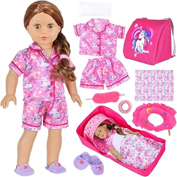 حقيبة سفر ZITA ELEMENT American Doll حقيبة كتف لمجموعة إكسسوارات الدمى مقاس 18 بوصة - سرير محمول مع حقيبة يد Rainbow Pony للفتيات - مجموعة ألعاب قناع العين على شكل وسادة الدمى غير متضمنة