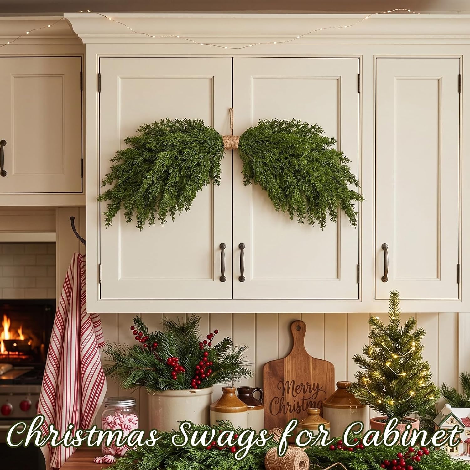 Suncalla 2 Pack 31.5" Christmas Swag for Front Door Rustic Christmas Swag Garland Centerpiece Pine Greenery Arch Wreath for Indoor Outdoor Decor(Green,Cedar)