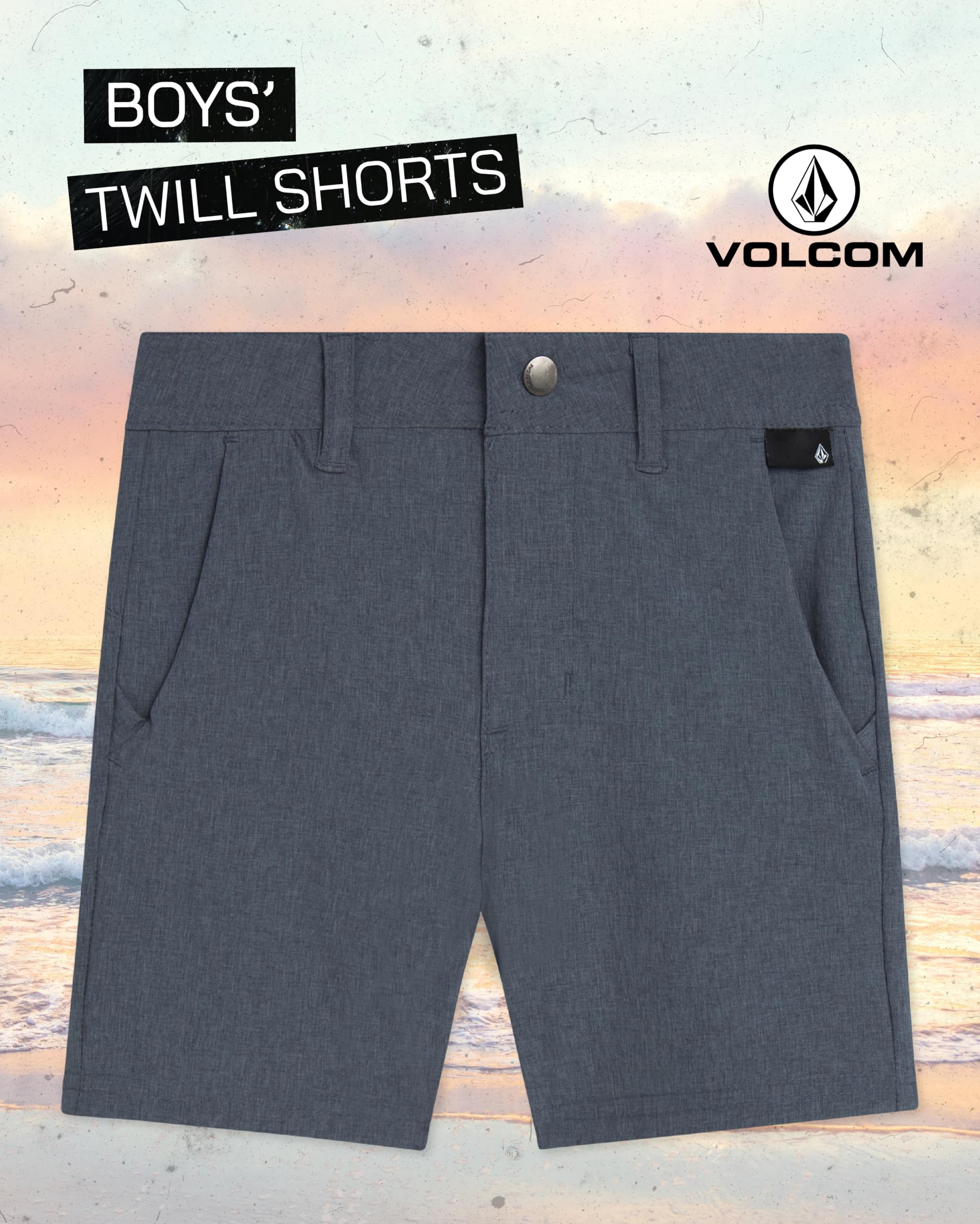 Volcom Pantalones cortos de sarga para niños, ajuste elástico, parte delantera plana, uniforme de golf para niños, estilo clásico sin cierre con trabillas para cinturón