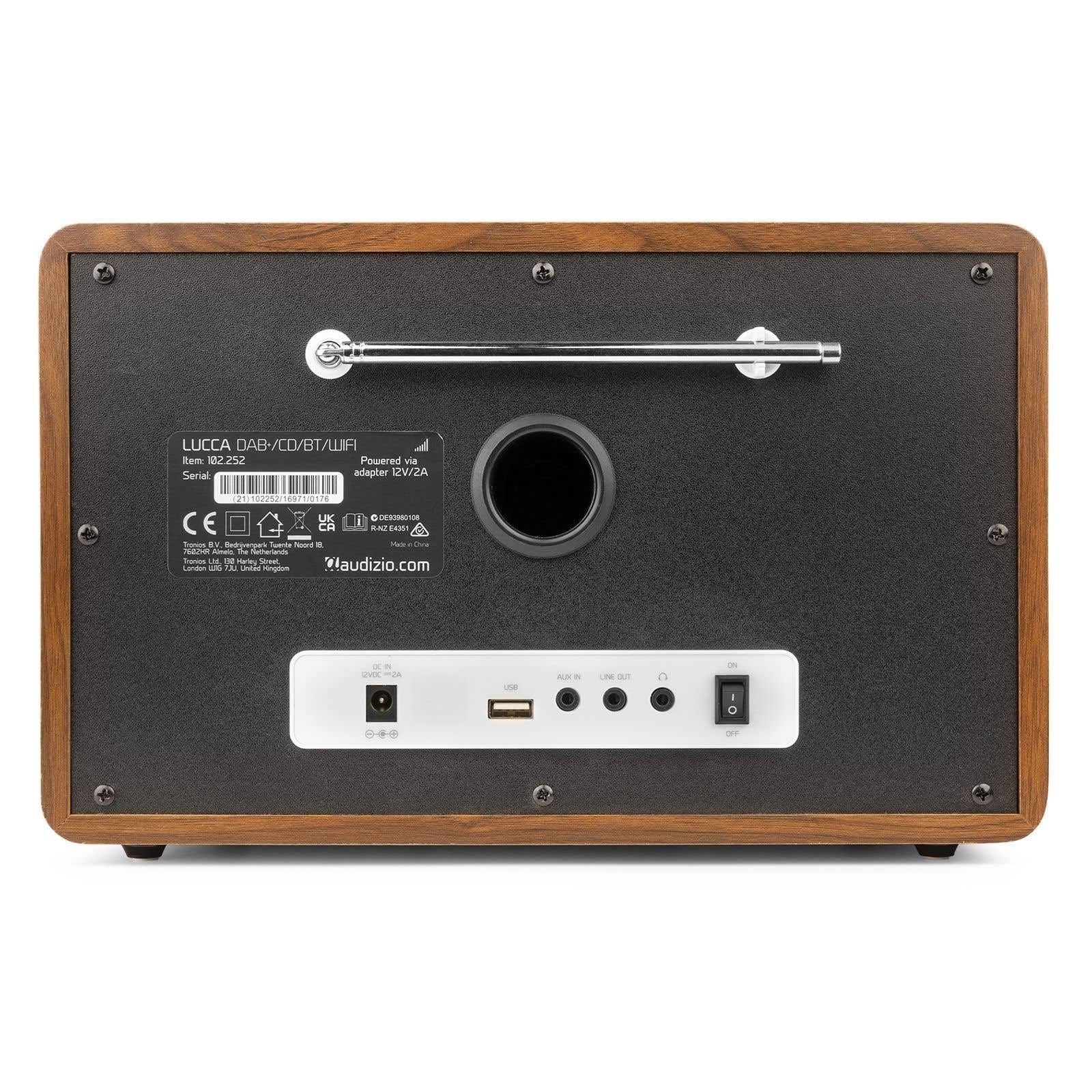 Audizio Lucca Radio Dab+ Internet Wi-FI 60W - Bois, Écran LCD 2,8", Bluetooth 5.0, CD, Deux Haut-Parleurs, Sortie Casque, Télécommande Incluse, Idéale pour Écouter la Radio à la Maison