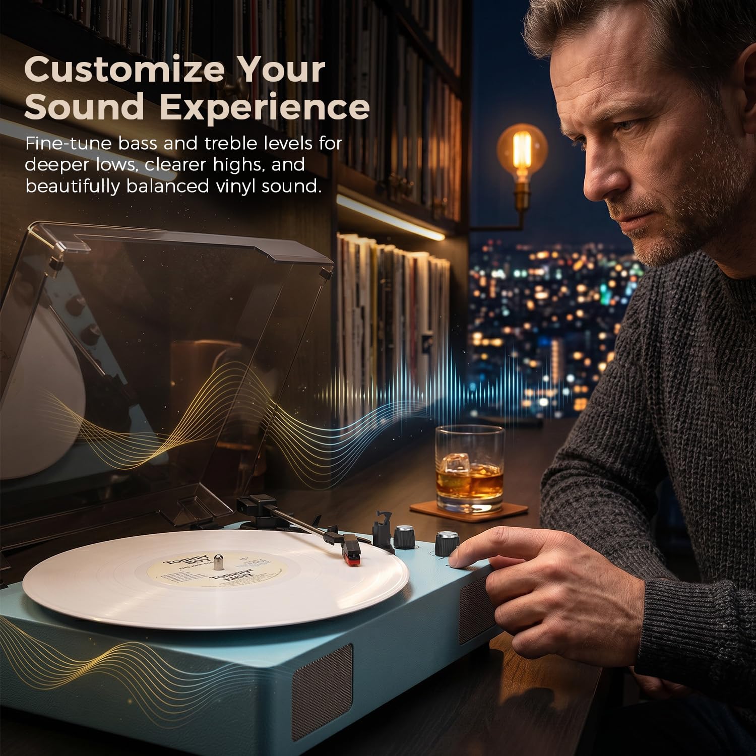 Giradischi in vinile blu con altoparlanti stereo integrati, giradischi a cinghia a 3 velocità per dischi da 7/10/12", riproduzione Bluetooth, uscita RCA/AUX/cuffie, arresto automatico