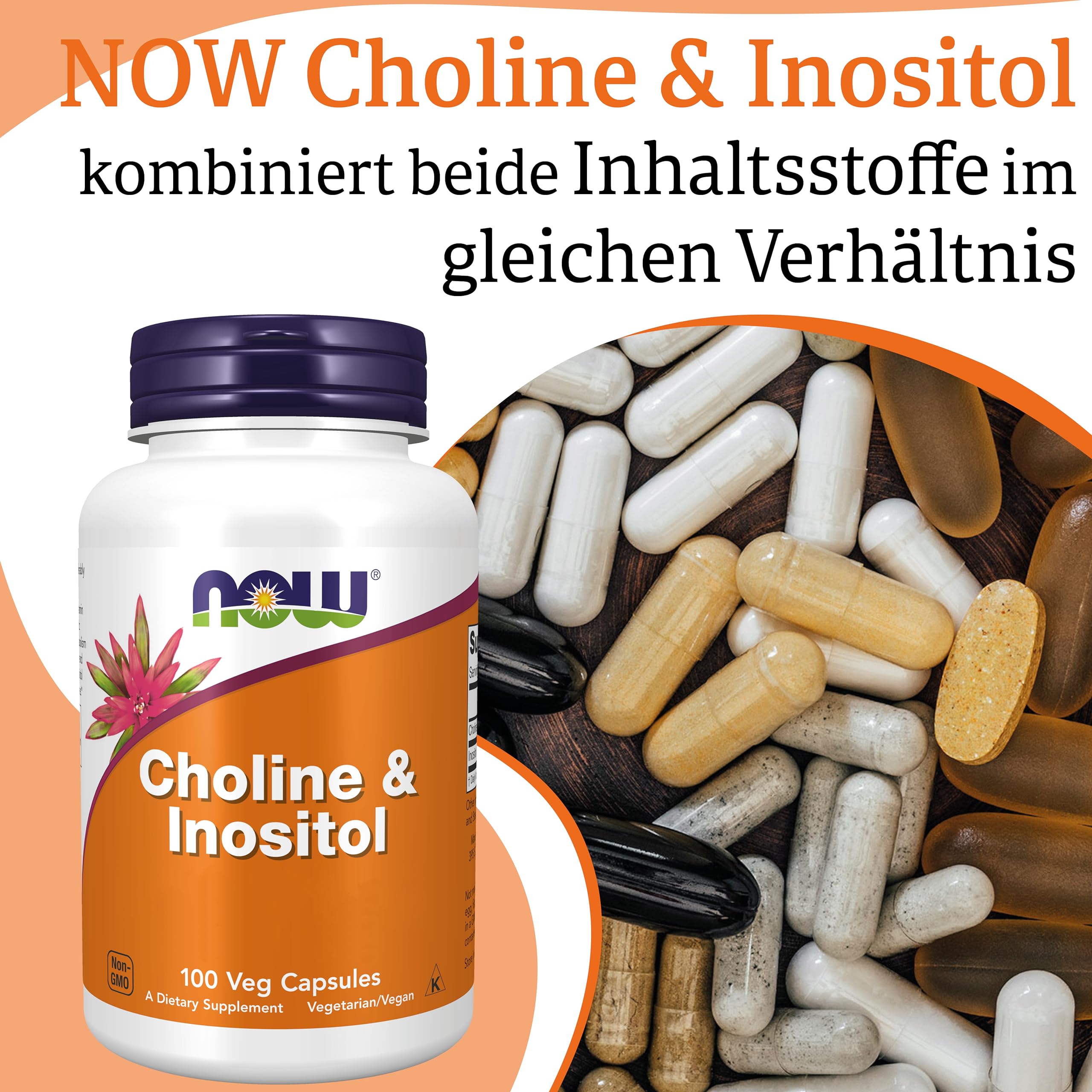 Now Foods, Choline & Inositol, 500 mg, 100 vegane Kapseln, Laborgeprüft, Vitamin B, Glutenfrei, Sojafrei, Vegetarisch