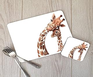 Giraffe & Baby Hardboard Placemat and Coaster Set, Giraffe Table Setting, Giraffe, Giraffe Coaster, Placemat and Coaster Set, Giraffe Baby Placemat