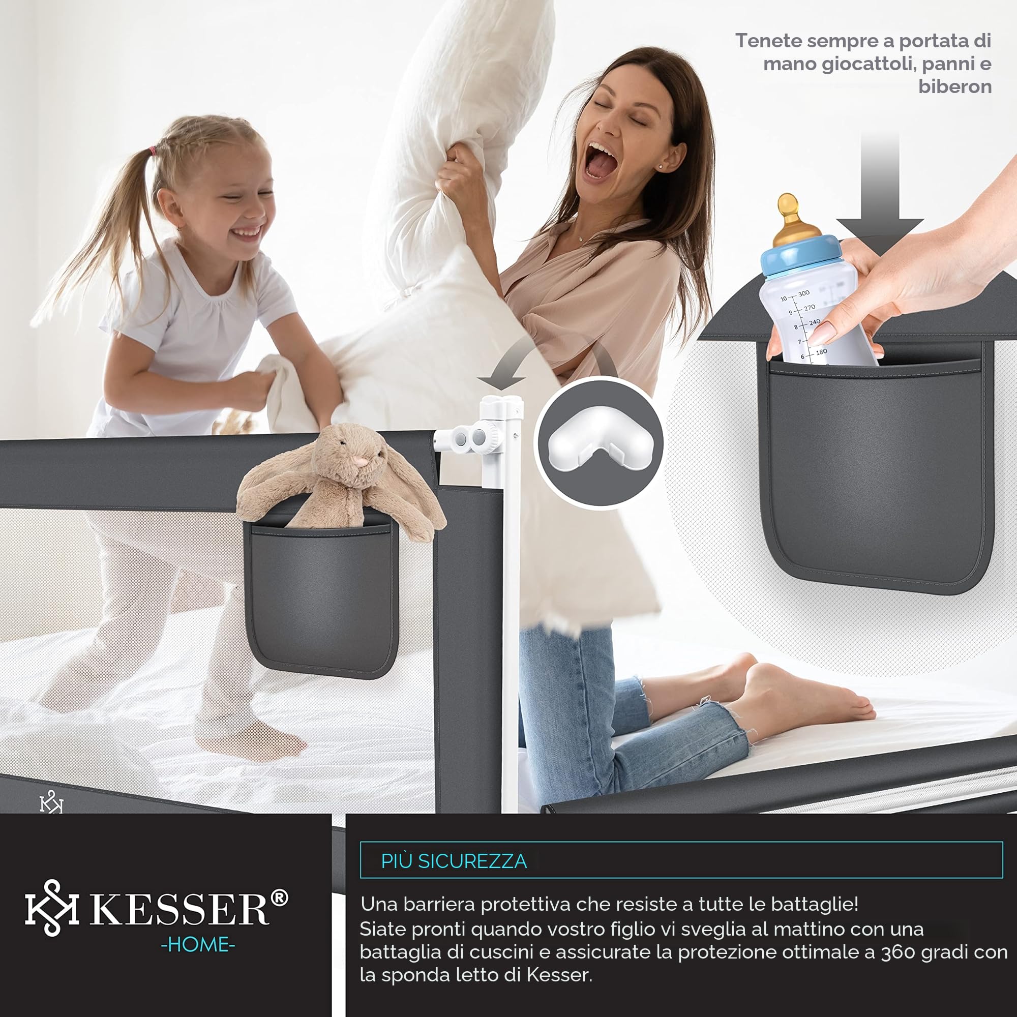 KESSER® Sponda da letto, Protezione per letto, Sponda da letto per bambini, Sponda da culla, Barriera letto per bambini, 150cm - Grigio Scuro