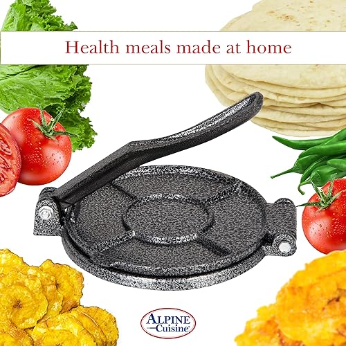 Miniatura 6 de Alpine Cuisine Prensa de tortilla de hierro fundido de 7.5 pulgadas con mango suave al tacto, fabricante de tortillas duradera adecuada para harina,