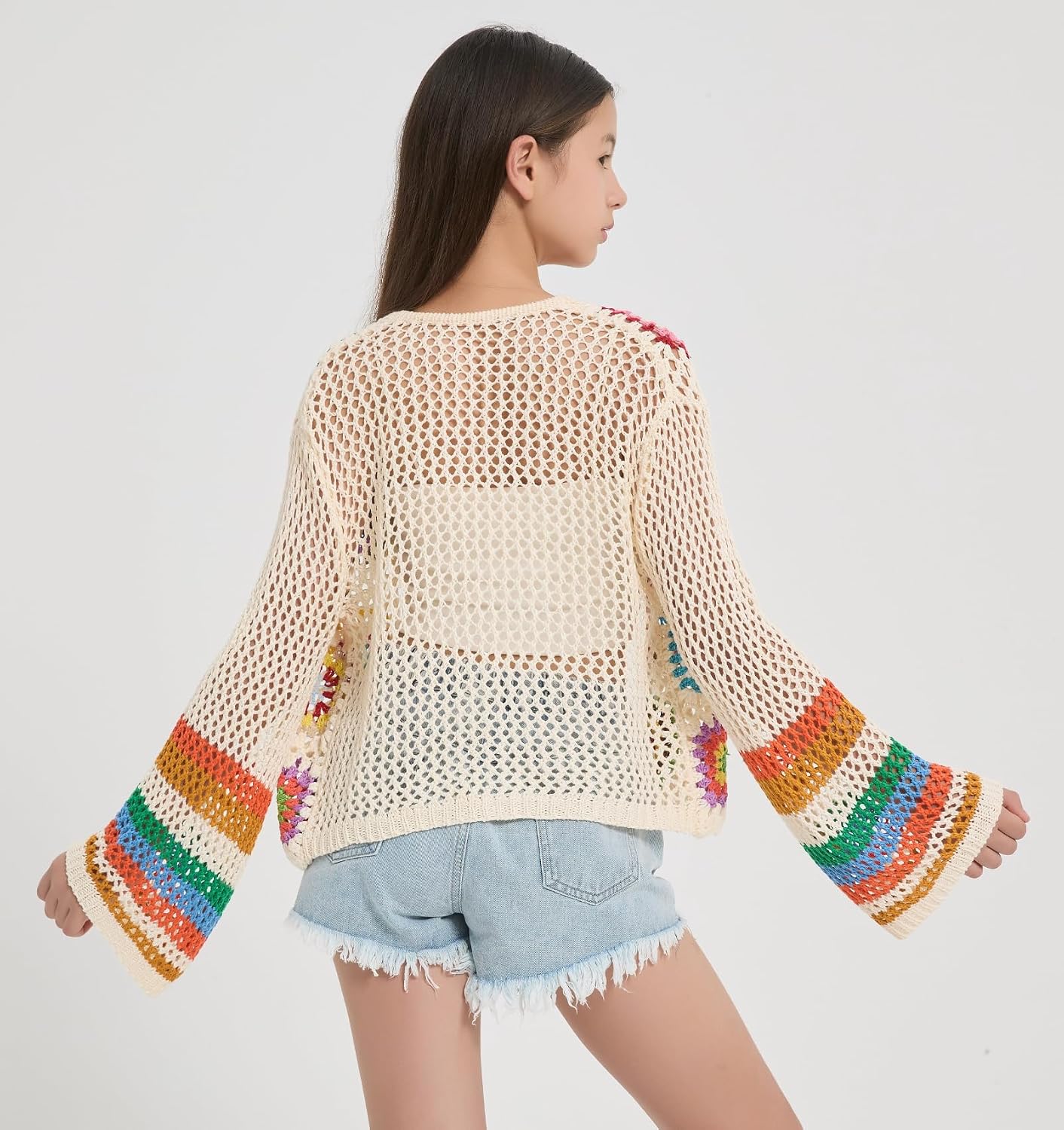 EXARUS Girls Floral Crochet Cardigan Hollow Out Open Front Boho Long Sleeve Summer Multicolor Lightweight Top 8-14Y