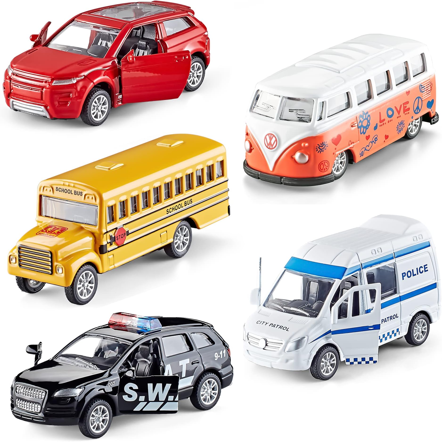 KIDAMI Die-cast Metal Toy Cars Set of 5, Openable Doors, Pull Back Car, Gift Pack for Kids Grandkids Toddlers Boys Girls Birthday (Official Car)