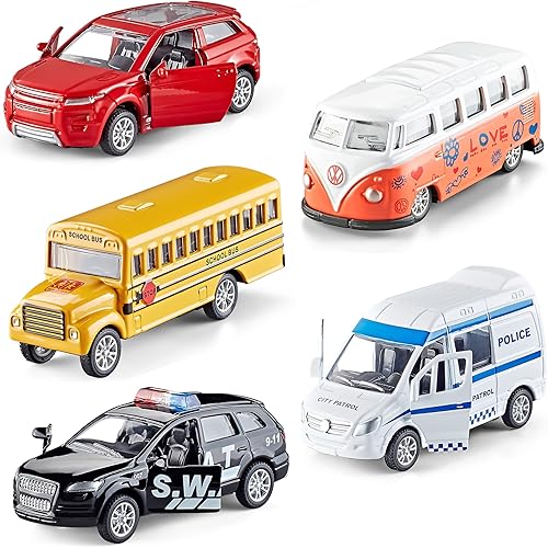 KIDAMI Juego de 5 autos de juguete de metal fundido a presión puertas abiertas automóvil tirante paquete de regalo para niños auto oficial