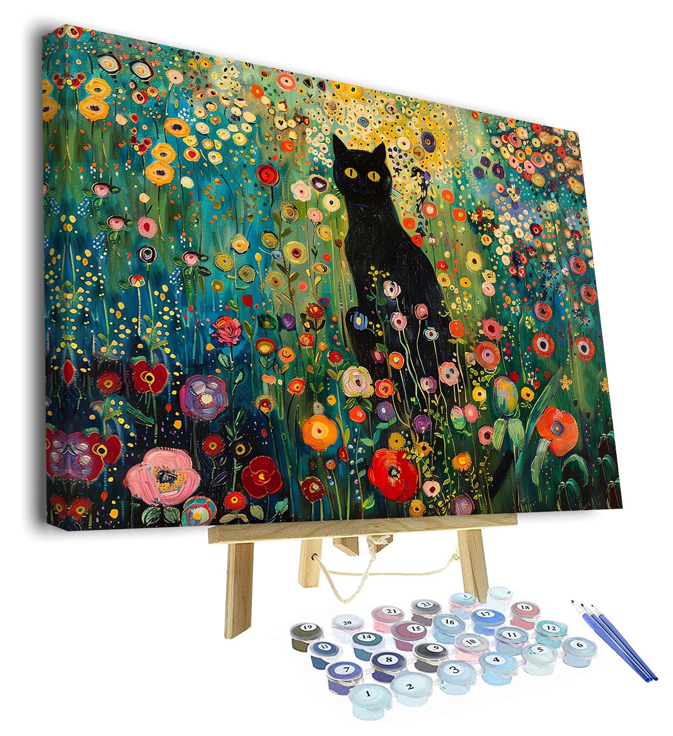 DIY Painting by Numbers for Adults, Black Cat in The Flower Field Paint by Numbers, 16X20 Inch Adults Paint by Number Kits for Beginners on Canvas, Color by Number Art Crafts Kits(With Frame)