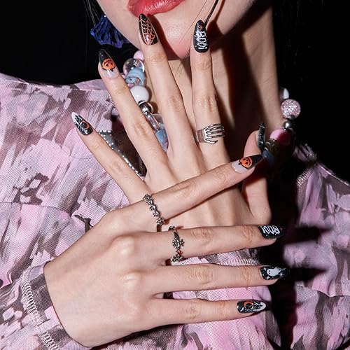 Miniatura 4 de GLAMERMAID Uñas postizas cortas a presión de almendra para Halloween, uñas postizas de gel gótico negro con diseño de calavera, uñas ovaladas