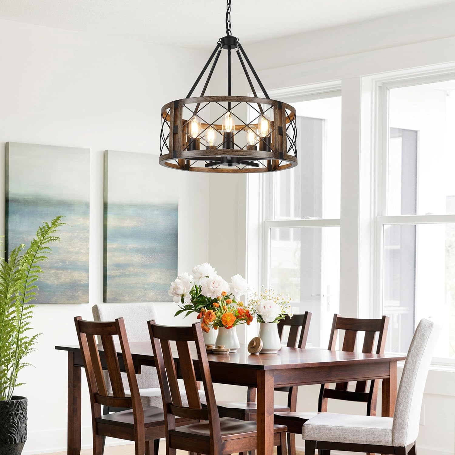 5-Light Farmhouse Chandelier 19.8" Black and Brown Rustic Chandelier for Dining Room Wood Texture Adjustable Pendant Light Fixture for Kitchen Island Entryway Bedroom Hallway