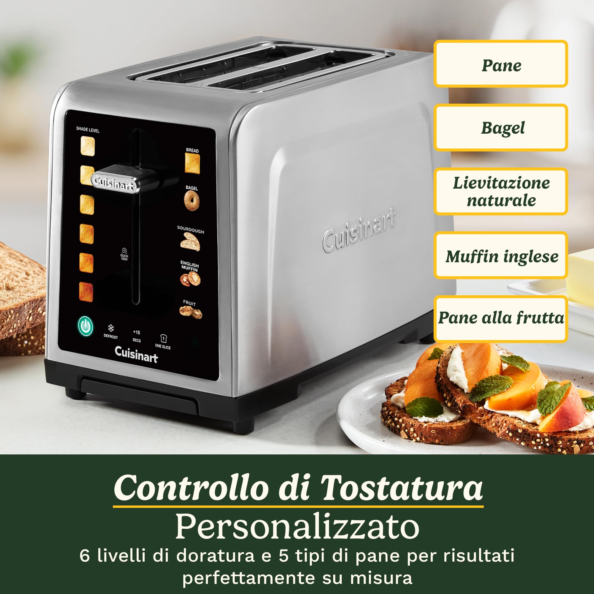 Cuisinart SimpliTouch XL Tostapane 2 fette | Fessure extra-large | Display touch a colori | High-Lift QuickView™ | Programmi pane, bagel, muffin | Funzioni scongelamento, boost +15s | Acciaio inox
