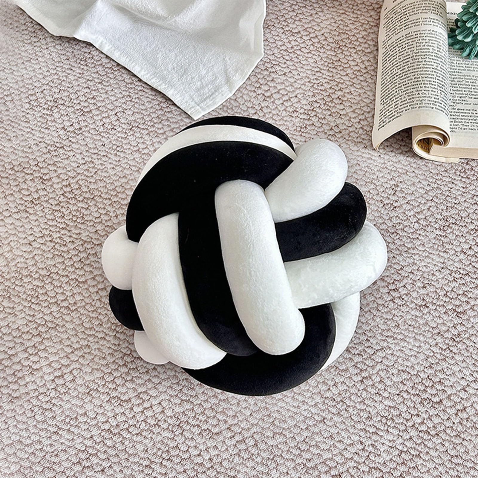 Gywztj White And Black Large Knot Ball Pillow, Knot Cushion, Aesthetic Pillows For Bedroom, Handmade Round Plush Pillow, Calming Stress Relief Plushtoy, 28 × 28Cm (White And Black)