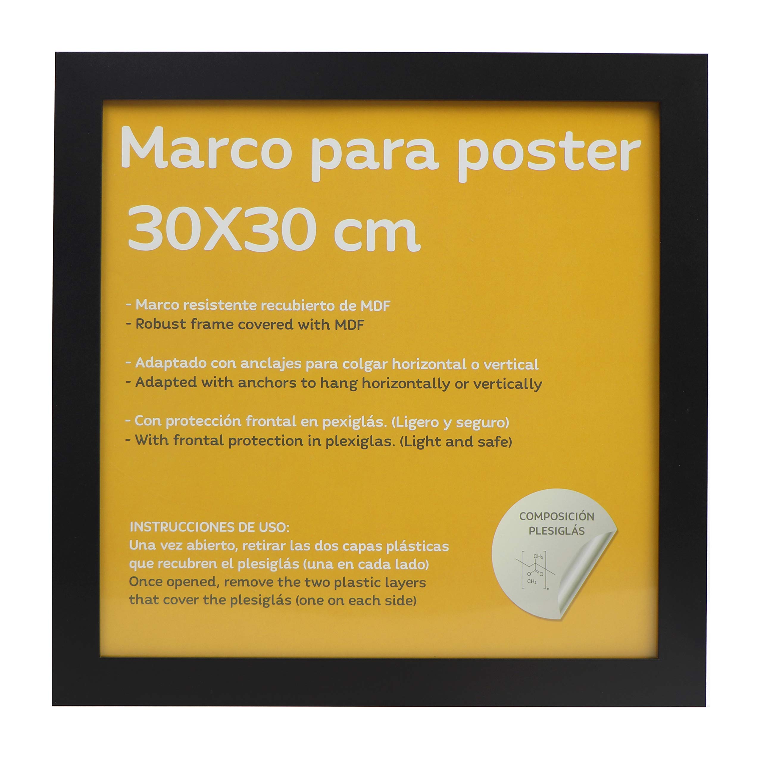 Nacnic - Marco de Madera MDF Negro y Vidrio Acrílico | Protección y Expositor de Fotografías, Láminas, Pósters, Cuadros y Decoración para Salón, Dormitorio u Oficina | 30x30 cm