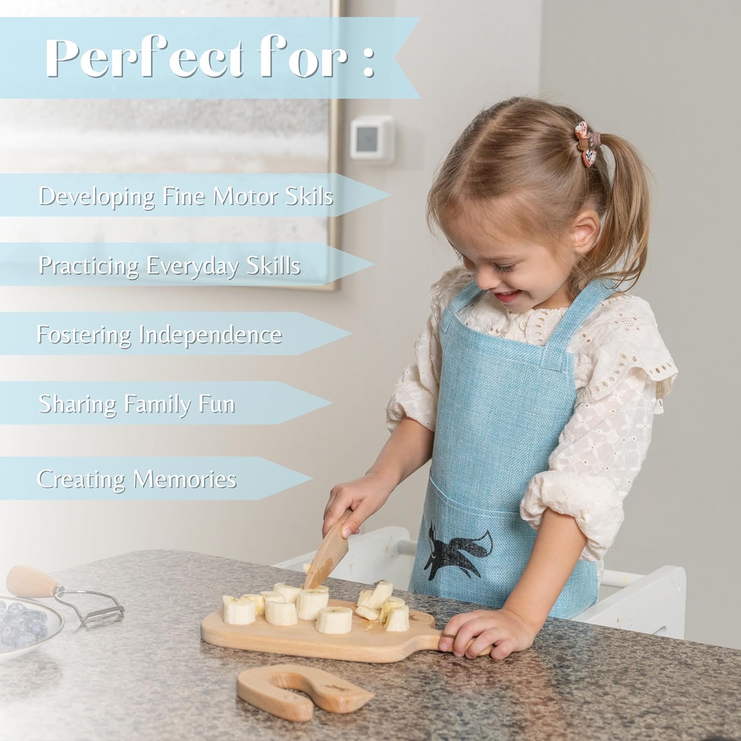 Kids Cooking Sets Real, 6 Piece Wooden Cooking Set for Kids with Montessori Kitchen Tools & Kids Aprons for Cooking, Food Grade Approved, Toddler Kitchen Set with Toddler Apron