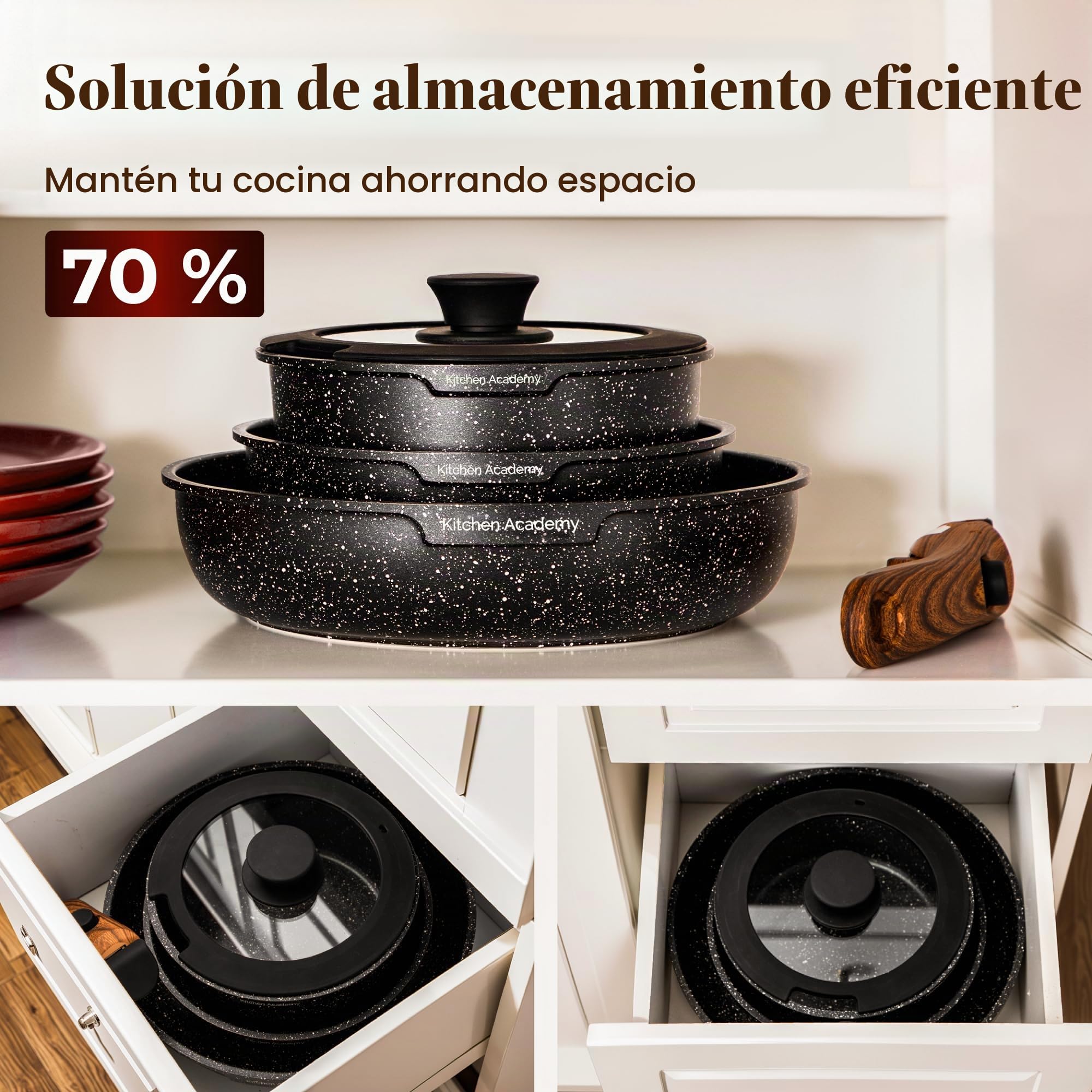 Kitchen Academy Juego de utensilios de cocina de inducción con mango desmontable, 10 ollas y sartenes antiadherentes, utensilios de cocina apilables de granito negro para campamento