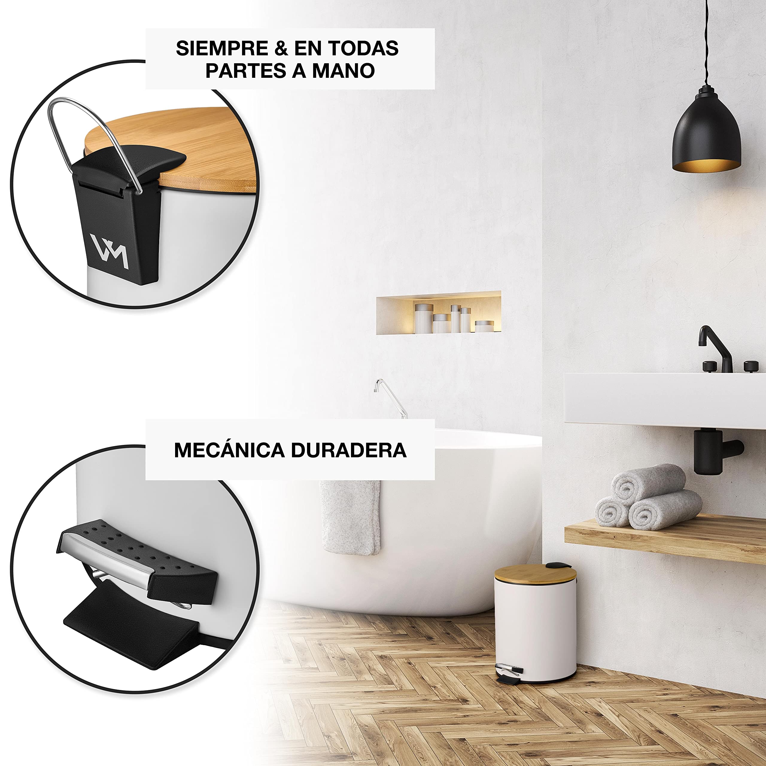 VMbathrooms Papelera baño de 5L en noble diseño blanco | Cubo de baño con cierre suave | Elegante cubo para el baño con contenedor interior y tapa de madera de bambú | + E-Book Gratis