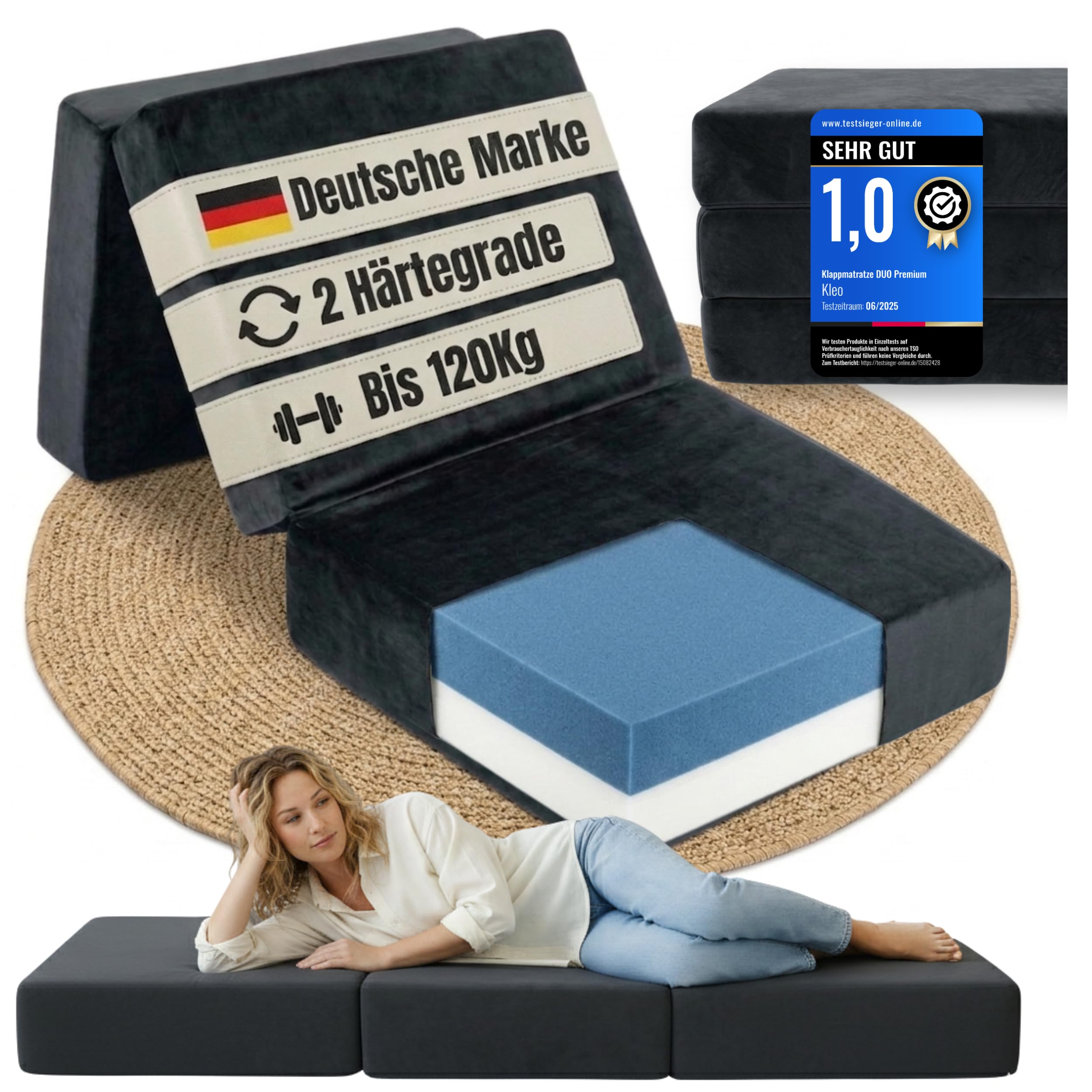 KLEO® Duo Premium Klappmatratze wendbar [H2 & H3] 2 Härtegrade, Gästebett klappbar | extra Dicke Faltmatratze, ergonomische Gästematratze (75x195x15cm)