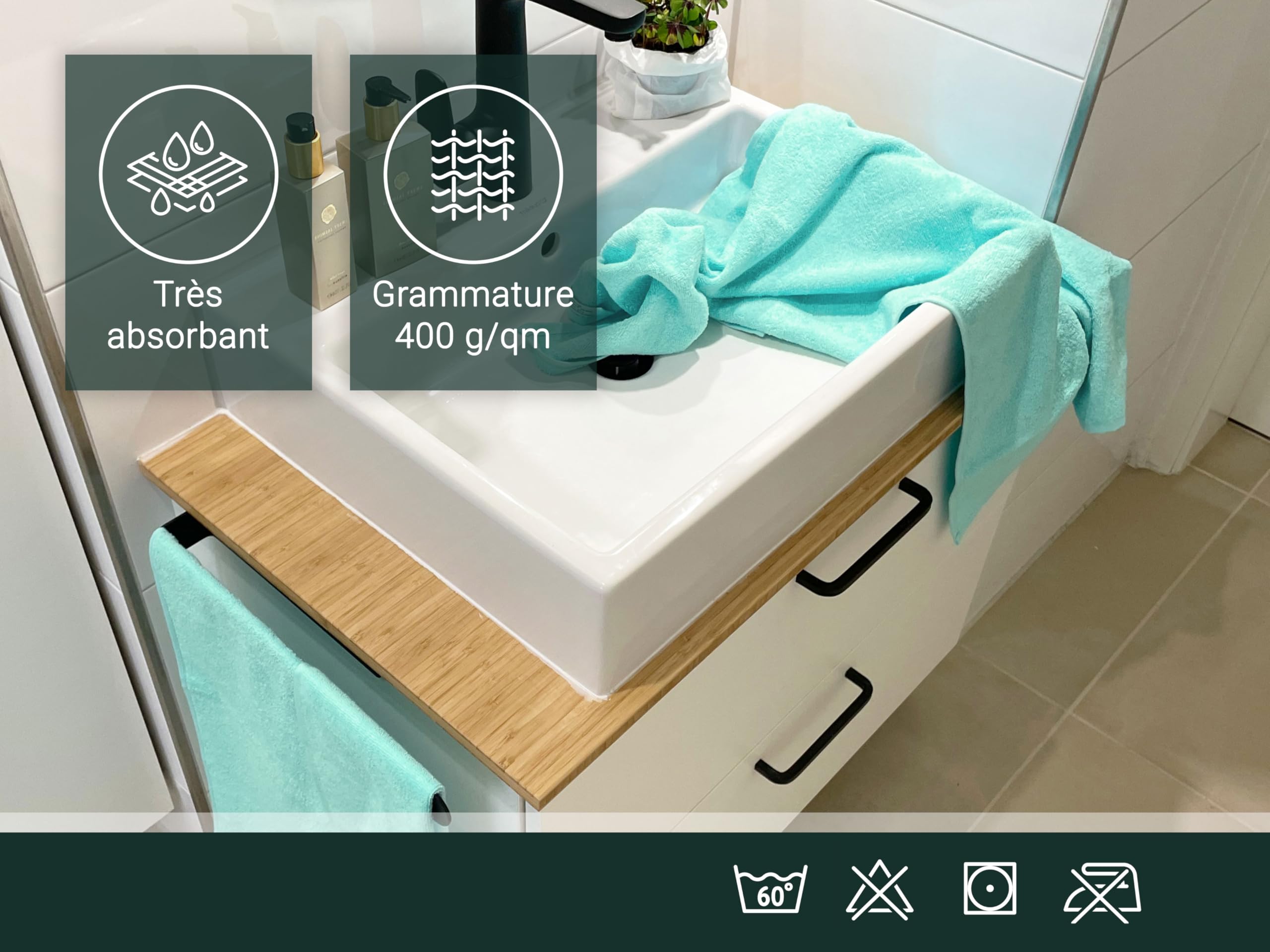 ZOLLNER Set de 10 Serviettes en 50x100 cm - Serviettes de Douche très absorbantes et Douces en Menthe - avec accroche Pratique - lavables à 95°C - Coton - qualité hôtelière