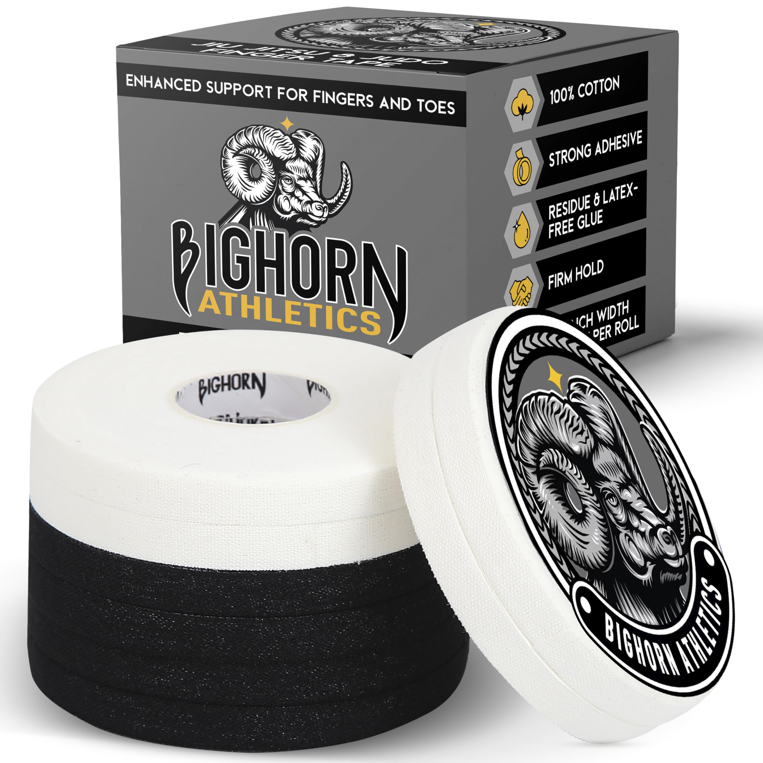 Bighorn Athletics Jiu Jitsu Finger Tape 0 3-Inch x 45-feet 8-Rolls Residue-Free Zinc Oxide Adhesive Athletic Sports Tape