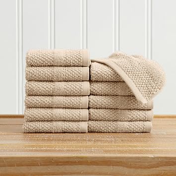 Great Bay Home 100% Cotton 12 Pack Washcloth Set - Absorbent, Quick-Drying, Textured Weave Bath Towels for Bathroom - Zero-Twist Fibers Sandstone