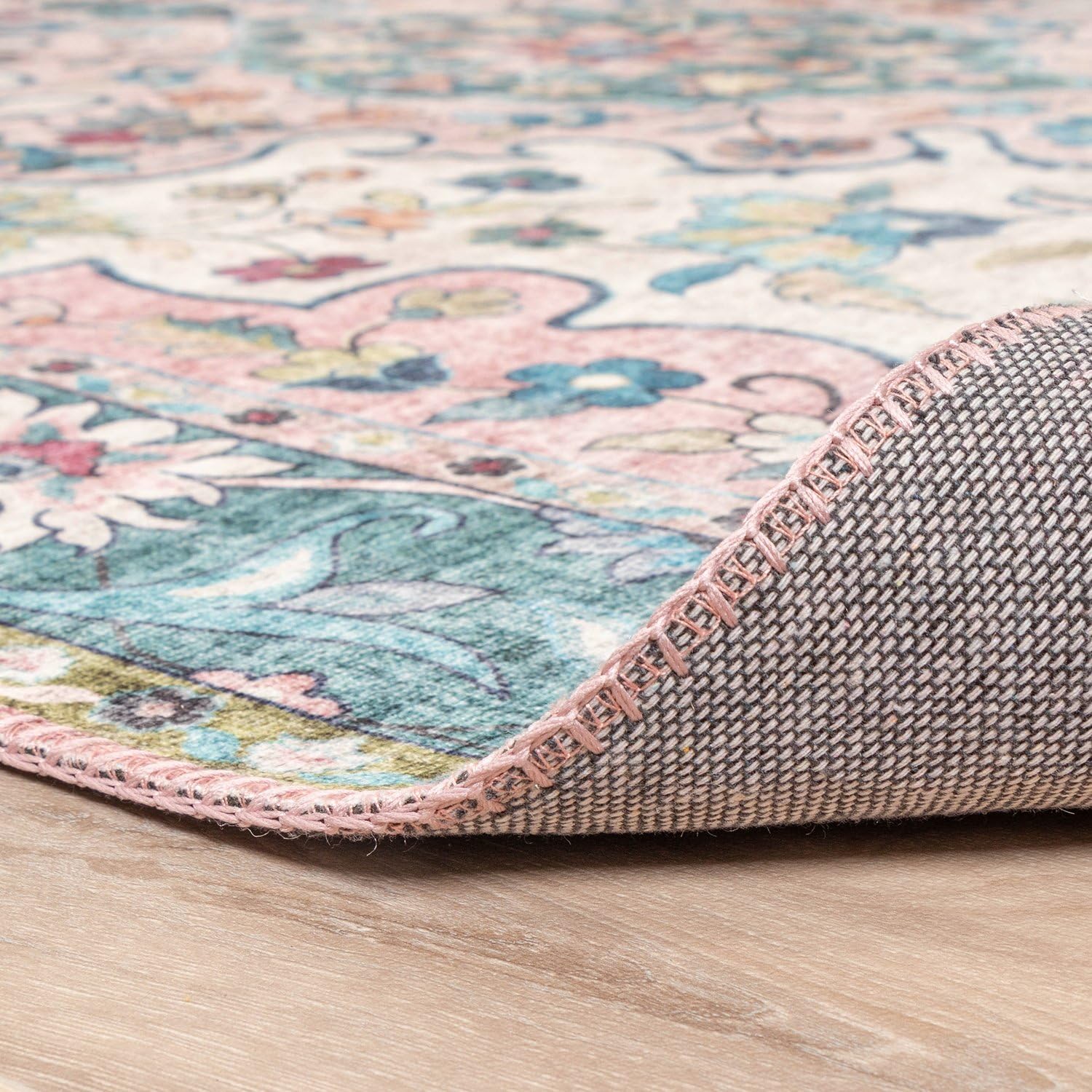 Vintage Teppich - Lily Oriental Blau Rosa - 160x230 cm | Baumwolle - Flachgewebe - Vintage - Klassik - Wohnzimmer, Esszimmer, Schlafzimmer