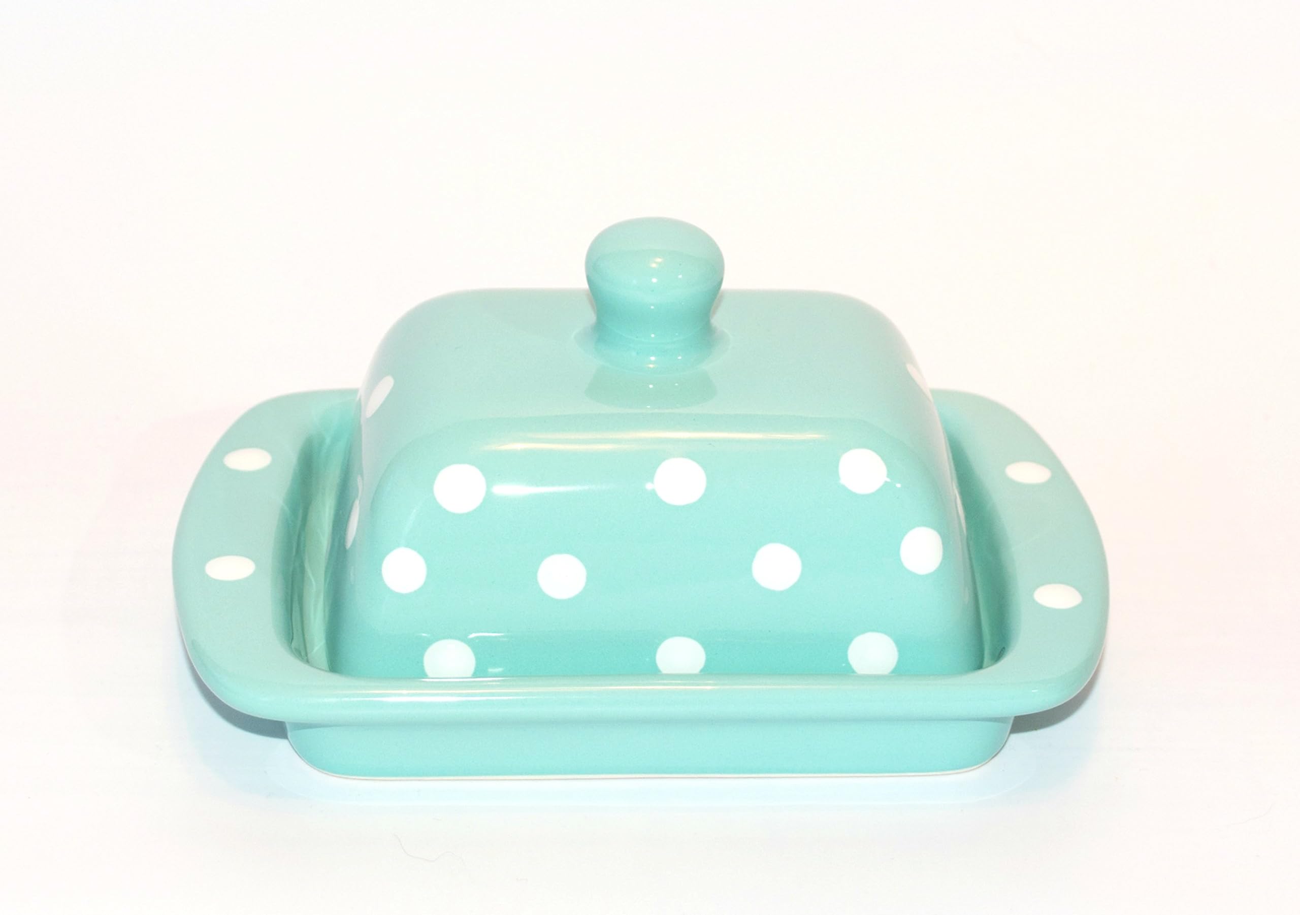 UNGARNIKAT Ceramic Butter Dish, Butter Container, Pastel with Hand-Painted Dots, Small, 100 g, Butter (Light Turquoise)
