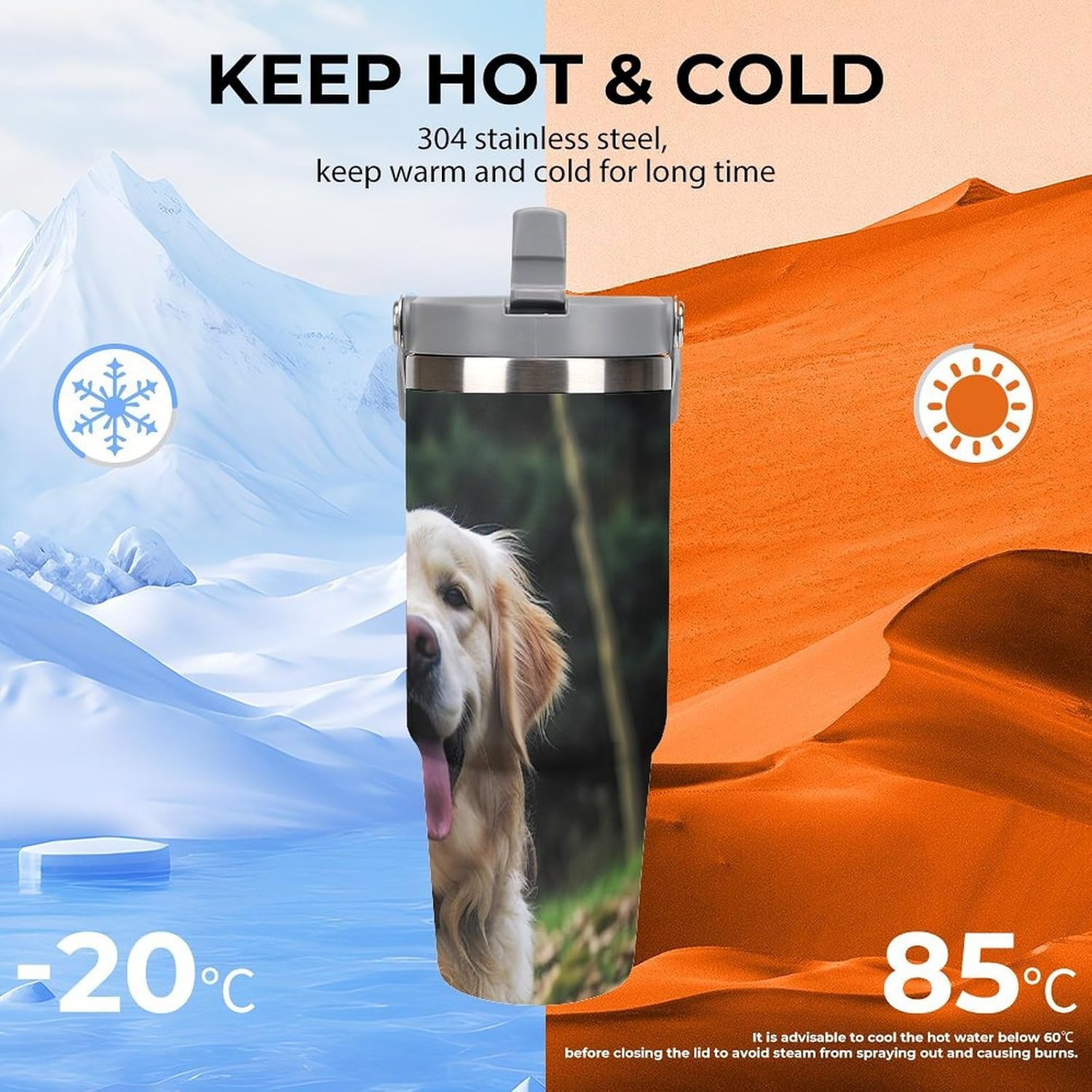 30oz Insulated Tumblers with Top Handle, Stainless Steel Funny Golden Retriever Car Cup with Straw for Gift, Leak-Proof Double Wall Vacuum Travel Mug, Personalized Water Bottles White