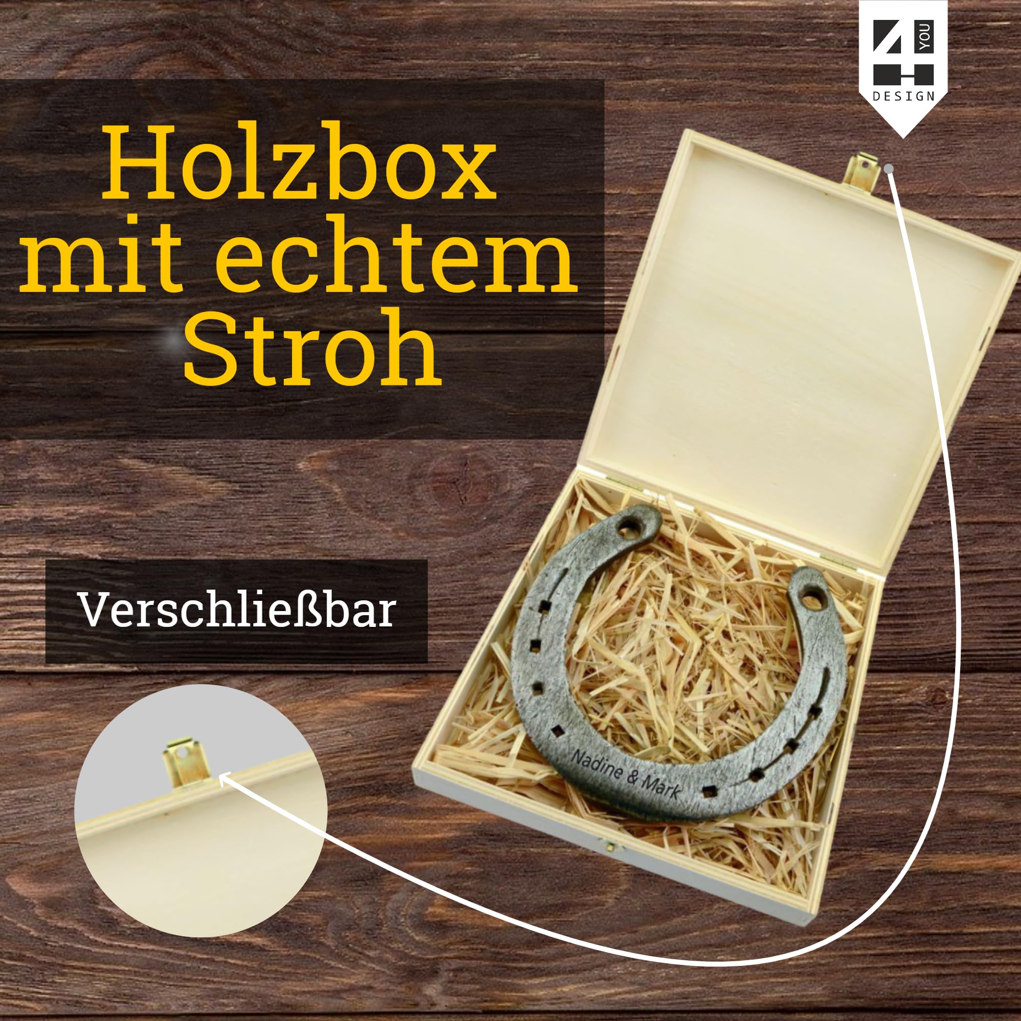 4youDesign Echtes Hufeisen in Holz-Geschenkschachtel Gute Besserung mit Gravur – 2 Hufeisennägel zum befestigen – Geschenk kranke Freunde, Familie – Glücksbringer - 17x17x3,5cm