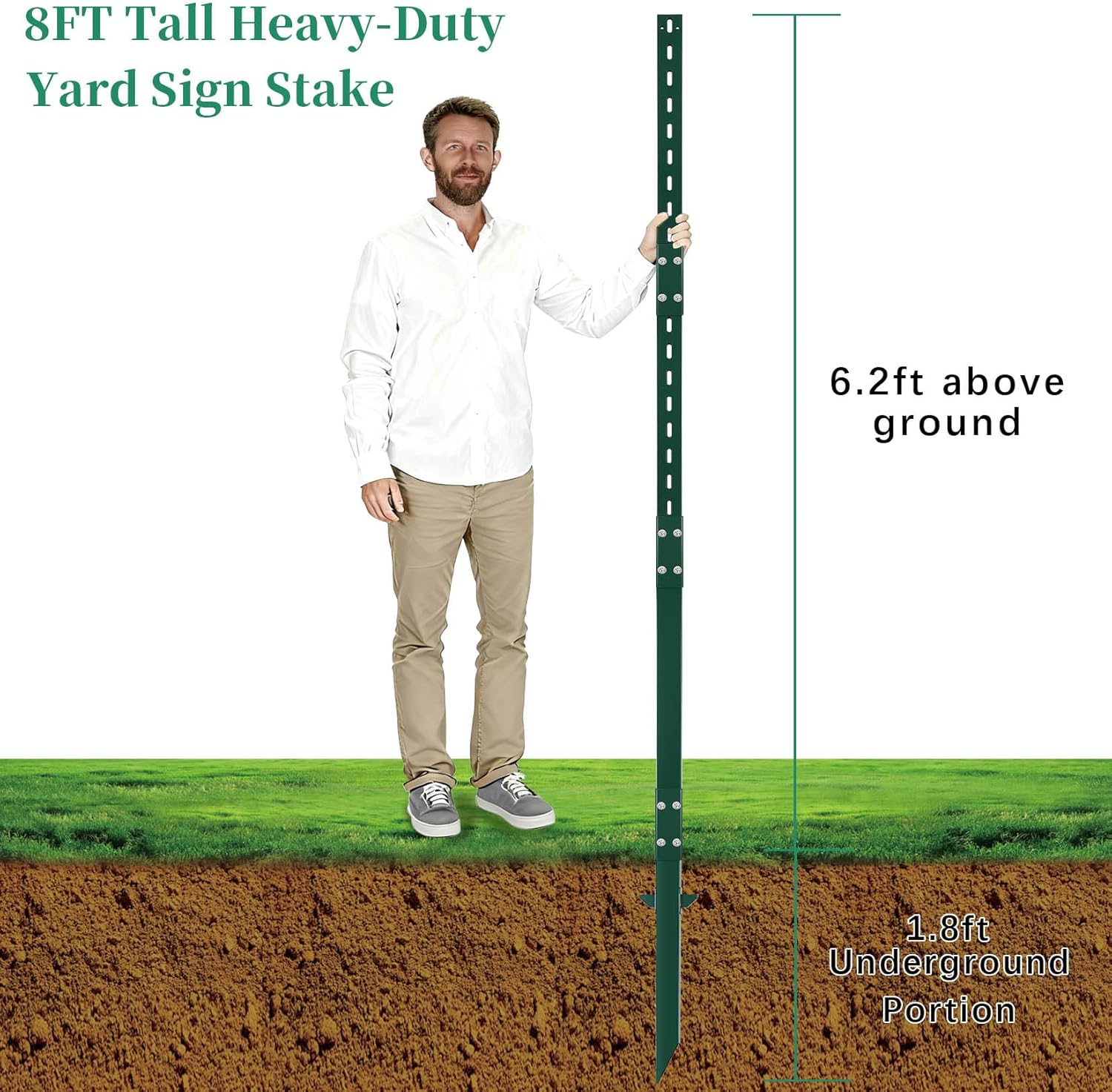 1 Pack 8' Sign Post Stake Metal for Outside, Heavy Duty Yard Sign Stake, Rust, Wind & Dust Resistant Sturdy Metal Pole for Outside, Yard, Road, Parking Fits Signs 7 to 18 Inch (Green)