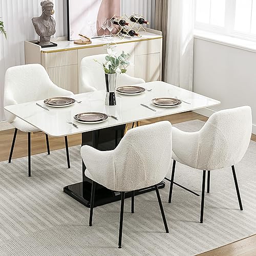 Miniatura 7 de Juego de 2 sillas de comedor blancas, modernas sillas de comedor Boucle con brazos, silla de comedor tapizada de sherpa para sala de estar,