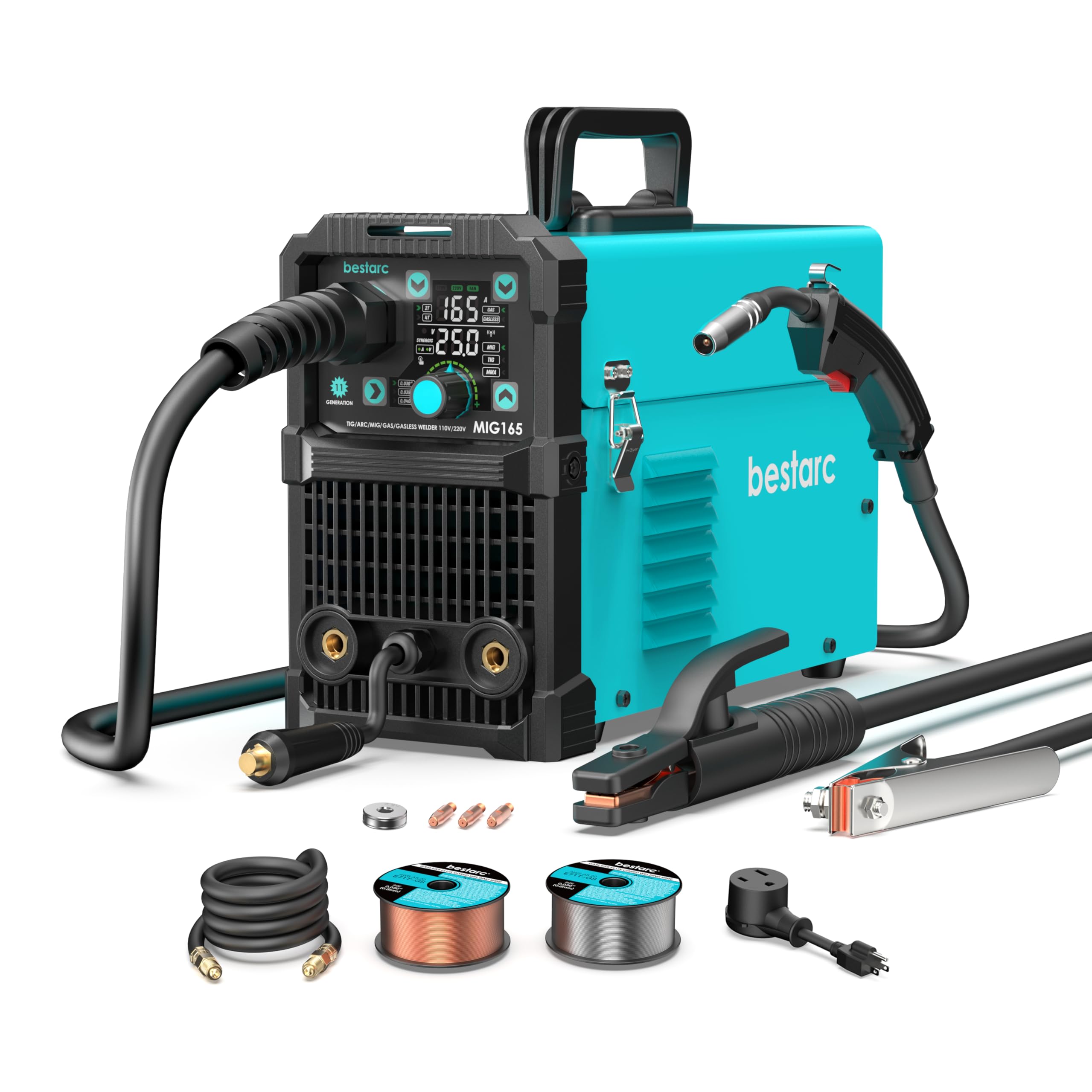 bestarc 165Amp MIG Welder, 110V 220V Flux Core MIG/Lift TIG/Stick 4 in 1 Welder Machine, Large LED Display Welding Machine, IGBT Inverter bestarc Welder MIG165 Gas Gasless Synergy MIG Welder