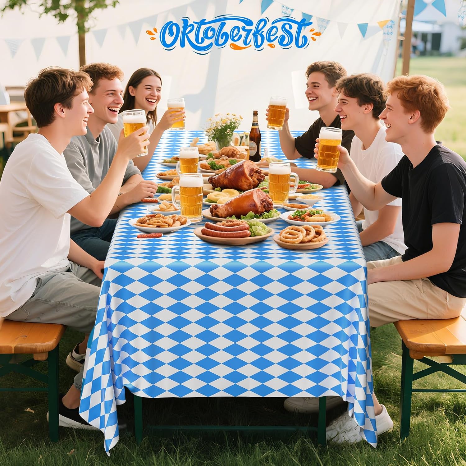 ZYP 5 Pack Oktoberfest Tablecloths, 54 x 108 Inch Blue and White Checkered Tablecloths, Bavarian-Style Plastic Table Covers for Beer Festival Party and Oktoberfest Decorations
