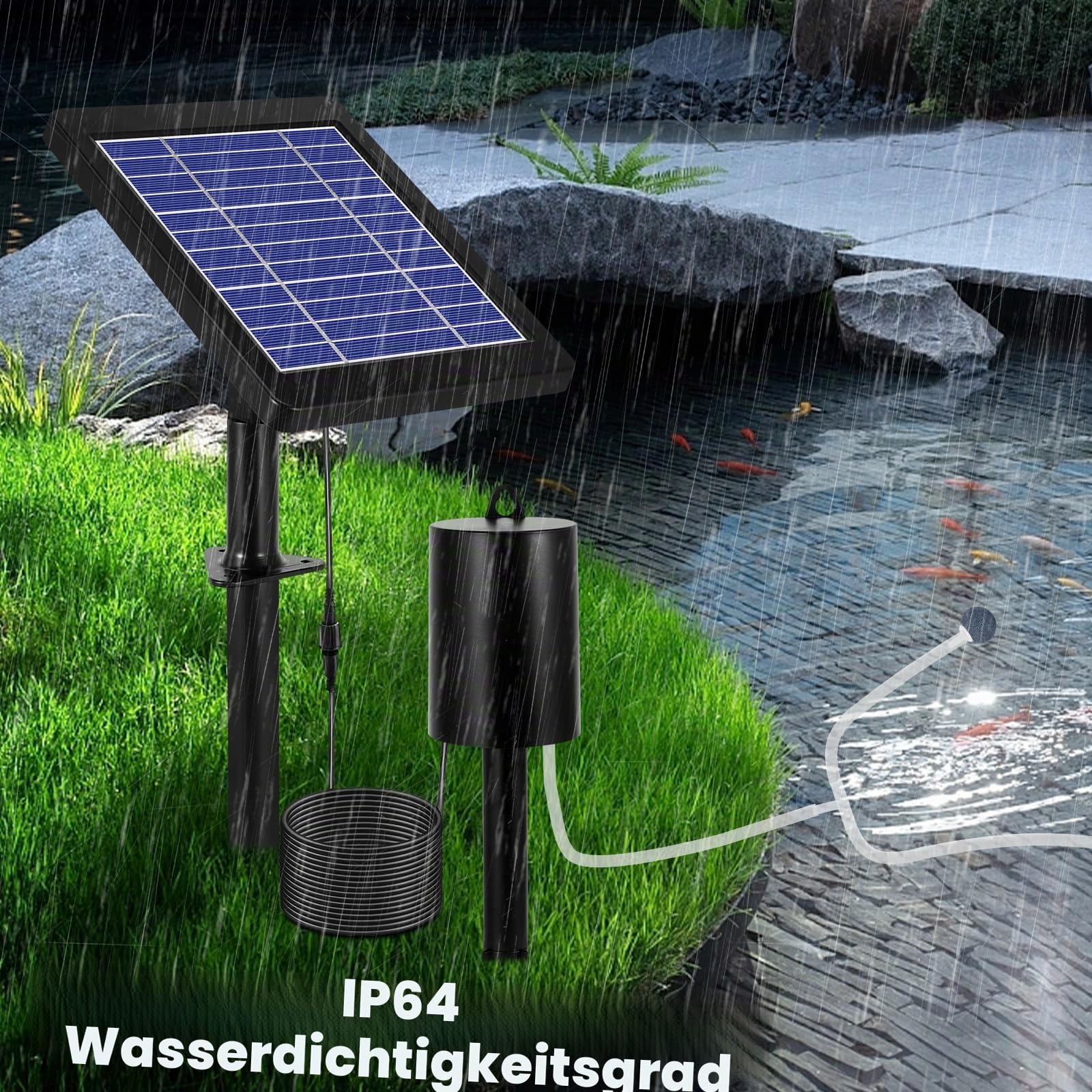 Solar Teichbelüfter mit Luftpumpe, Belüfter für Teiche im Freien, 3 Modi, 4W & 2200 mAh Solar Oxygenator Luftpumpen-Set mit Blasenregler für Garten-Fischbecken, Außenpool, Schwarz