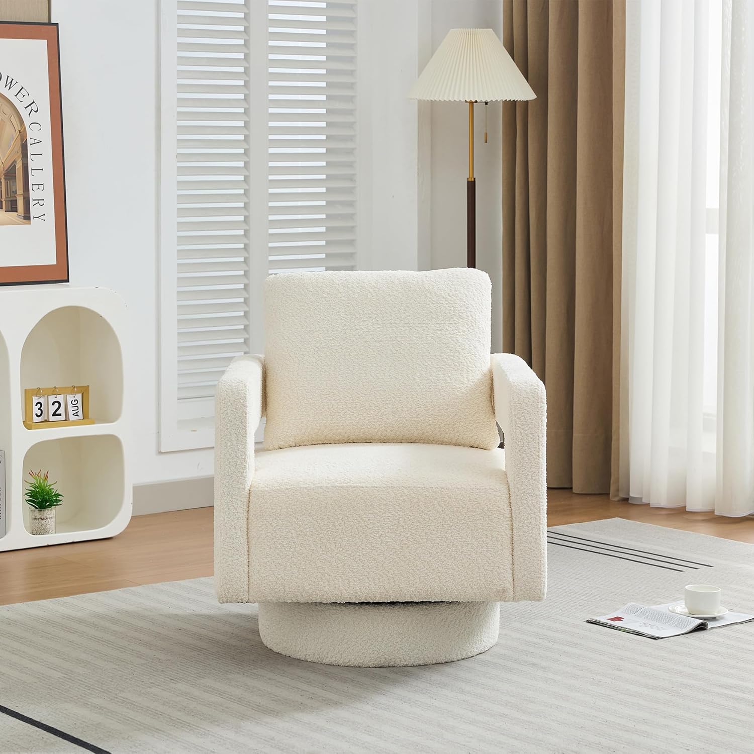 Setawix Boucle Swivel Barrel Chairs,Comfy Fuzzy Swivel Armchair,Modern 360°Rotation Accent Arm Chair with Open Arms,Sherpa Single Sofa Club Chair for Living Room,Bedroom,Office (Beige, 1PC)