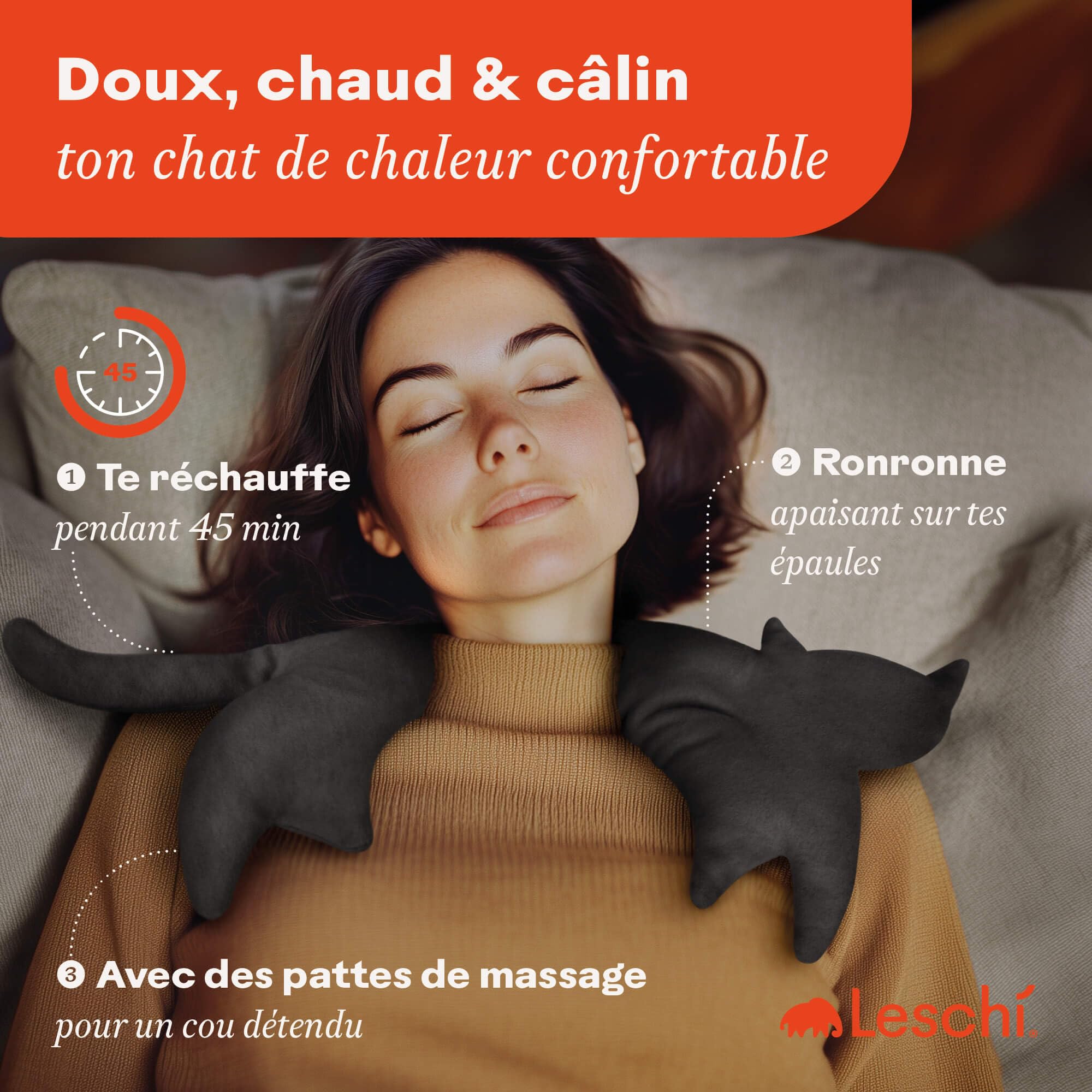 LESCHI Coussin chauffant micro ondes en coton 100% bio, Chat noir, Bouillotte graines de blé 100% bio, Bouillotte micro-ondes idéale pour réchauffer cervicale, épaules, cou, nuque