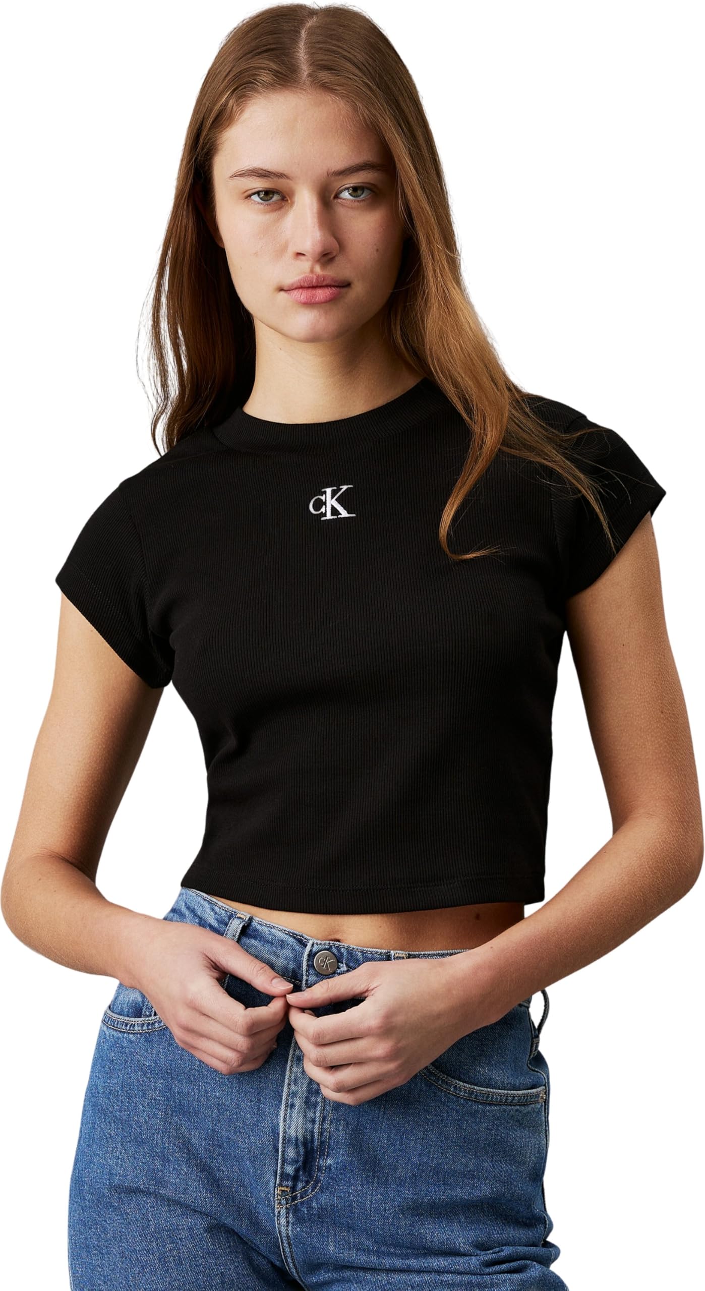 Calvin Klein Women’s Ck Cropped Rib Baby Tee, Black (Ck Black), 3XL