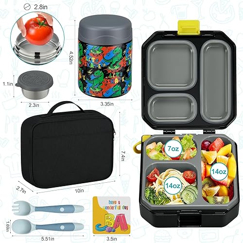 Miniatura 6 de wiwens Lonchera Bento para niños con sopa térmica de 12 onzas a prueba de fugas con 5 compartimentos, tarro térmico de comida caliente y bolsa de