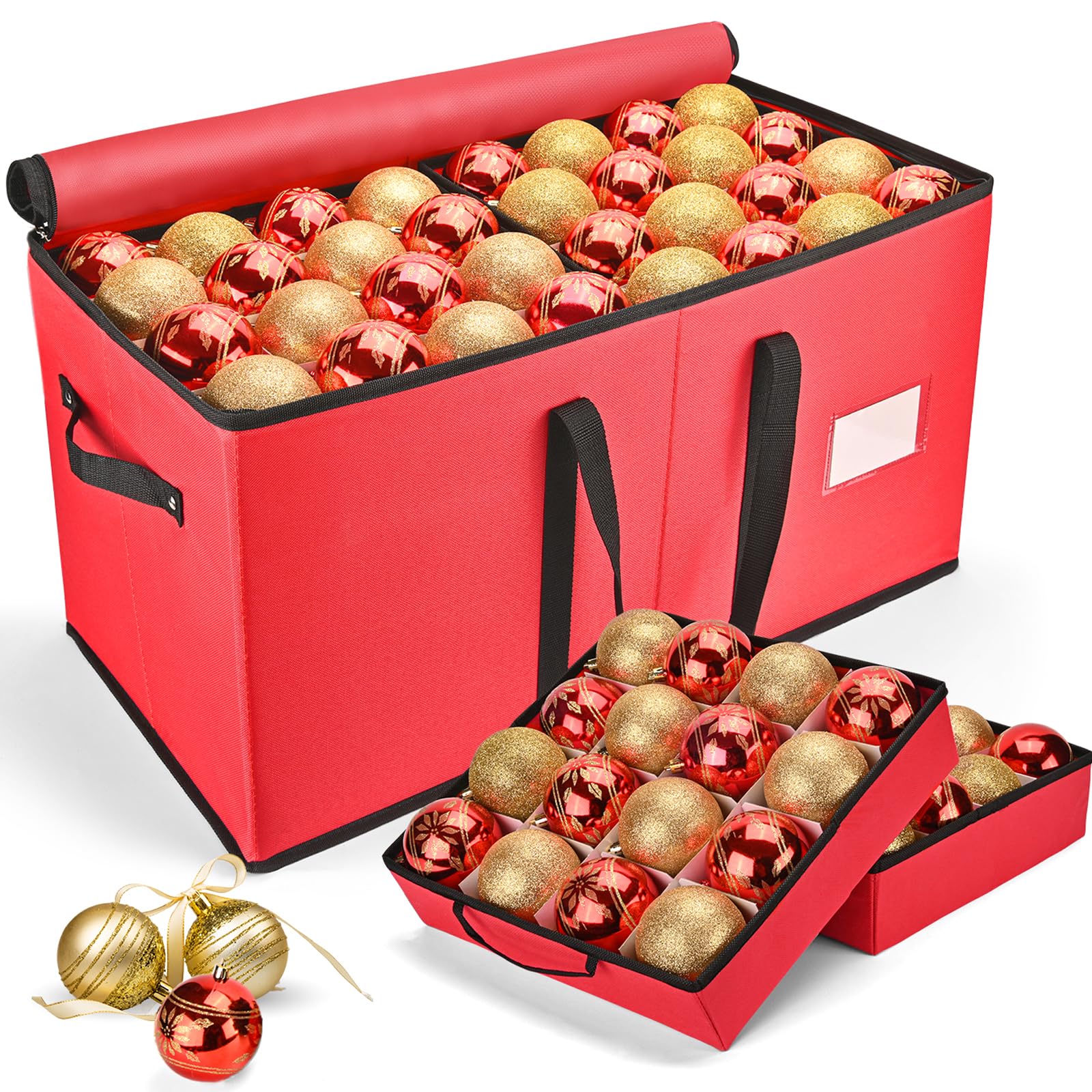 Keten Christmas Ornament Storage Boxes with 8 Individual Trays, Fits 128 Holiday Ornaments 3-Inch, Christmas Ball Accessories Container with 48 Dividers, Dual Zippered Closure, 600D Oxford (Red)