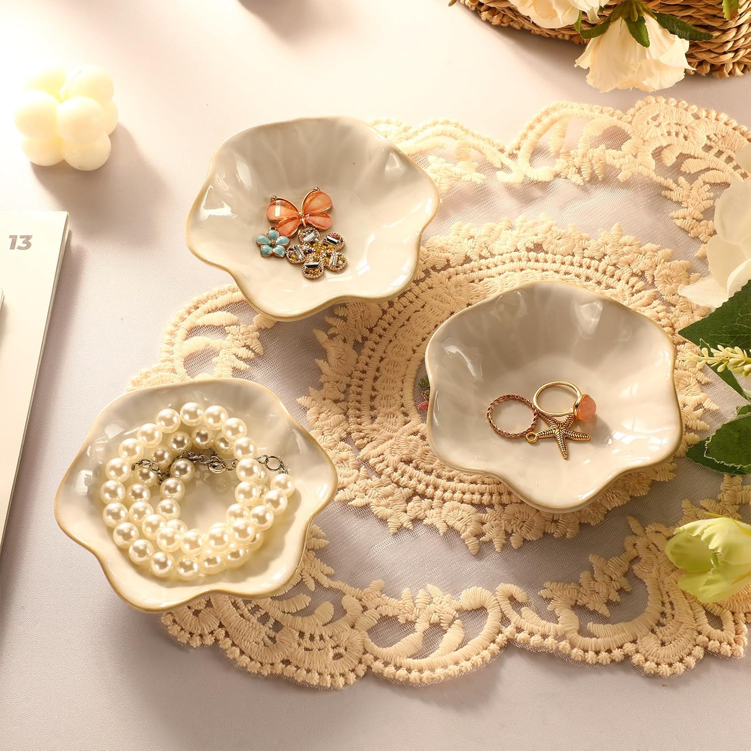 Teenyyou 8 Pcs Ceramic Jewelry Dish Bulk Trinket Jewelry Tray Lotus Leaf Small Ring Dish for Earrings, Rings, Key Bowl(White)