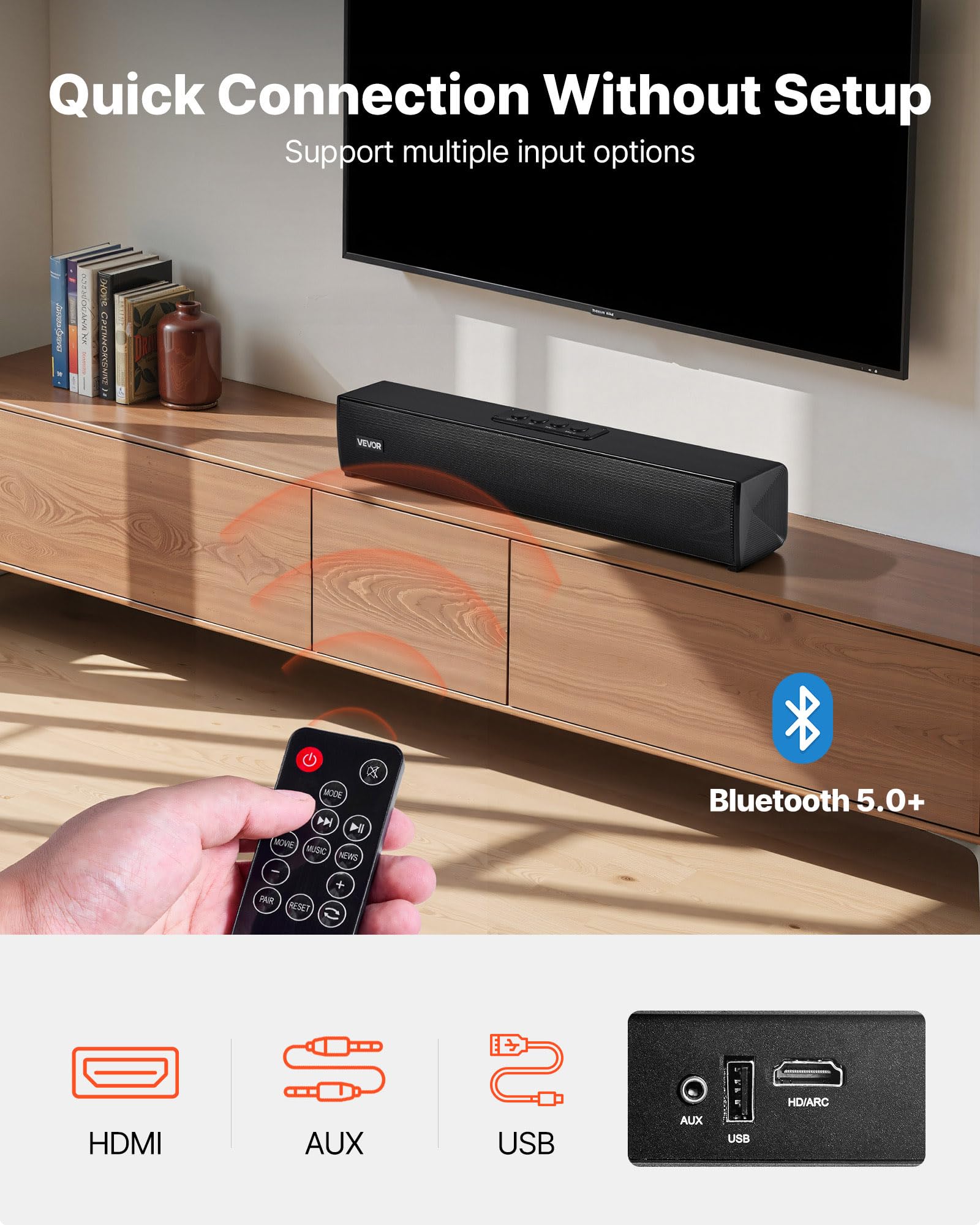 VEVOR Sound Bar do Smart TV, 2.0-kanałowy, kompaktowy soundbar, do projektora, połączenie Bluetooth AUX, pilot zdalnego sterowania, łatwa konfiguracja, system dźwięku przestrzennego 80 W, do komputera