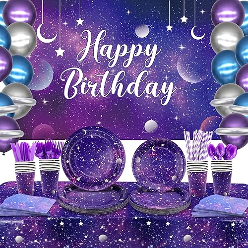 Suministros de fiesta de galaxia, incluye telón de fondo de cumpleaños de galaxia espacial, platos, servilletas, vasos, mantel, globos, globos de