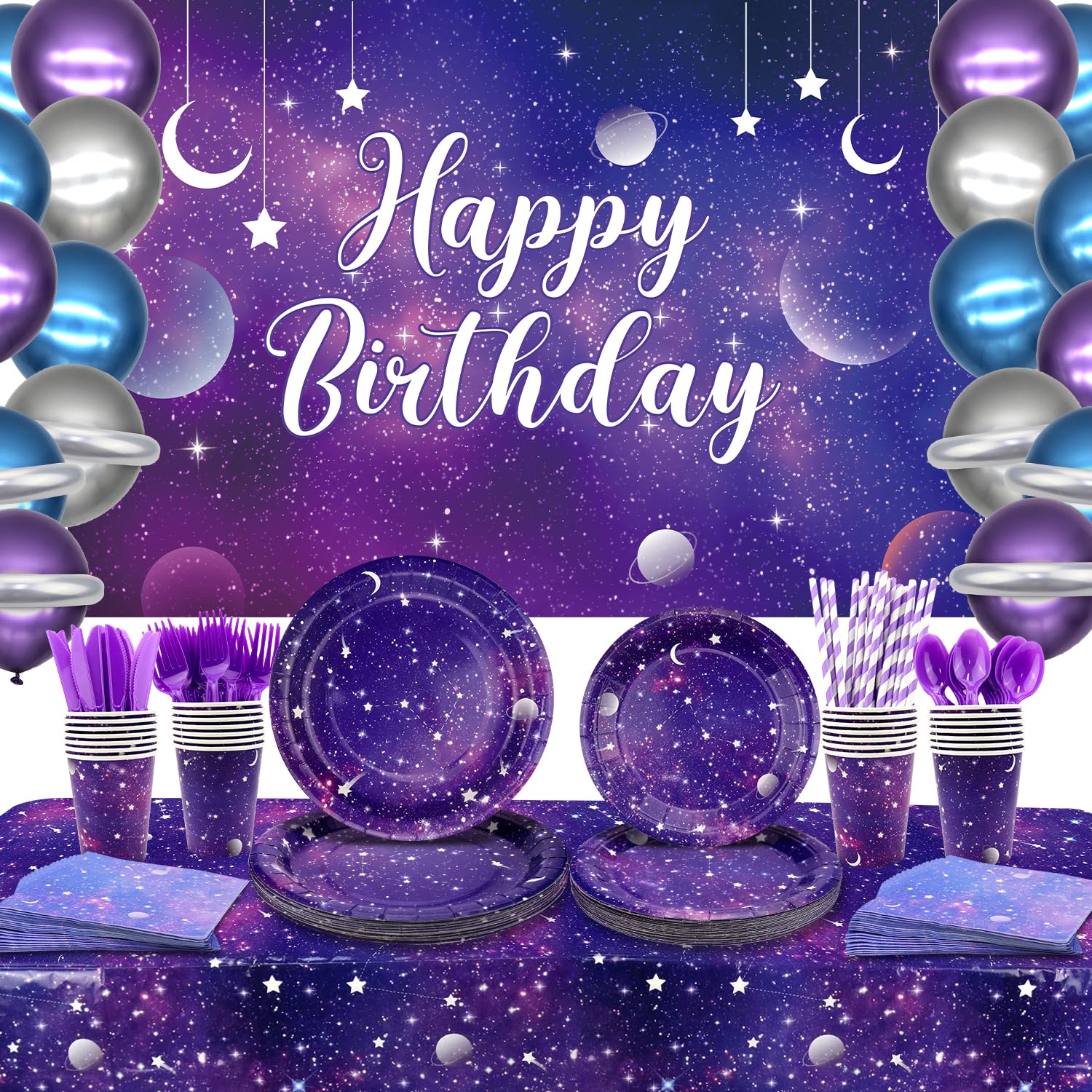 Galaxy Party Supplies,Includes Space Galaxy Birthday Backdrop, Plates, Napkins, Cups ,Tablecloth, Balloons,Foil Balloons, for 20 Guests Galaxy Outer