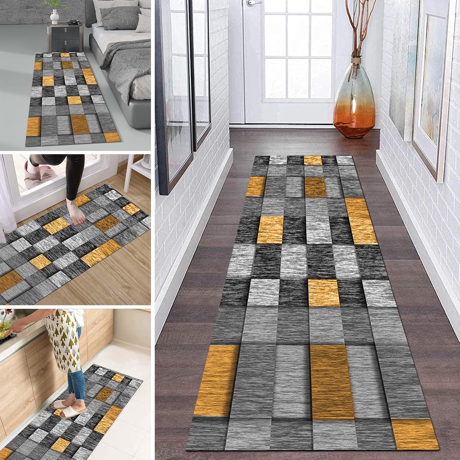 Narrow Runner Rug for Hallway, Geometric Gray Golden Carpet Runner for