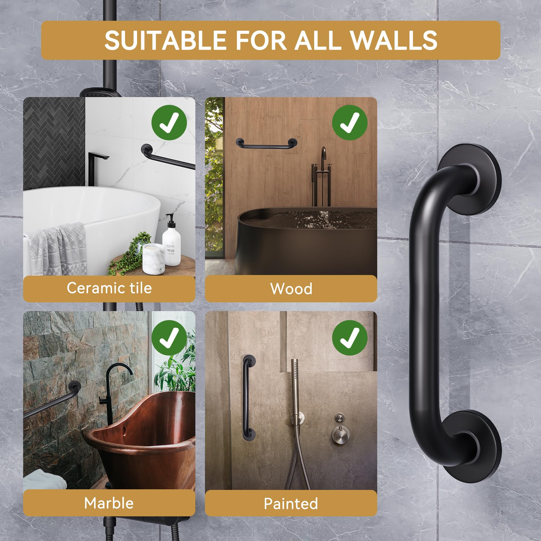 AmazerBath Barras de agarre de ducha antideslizantes para personas mayores, barra de seguridad de baño para necesitados, barras de seguridad de baño de acero inoxidable, barra gruesa con base más