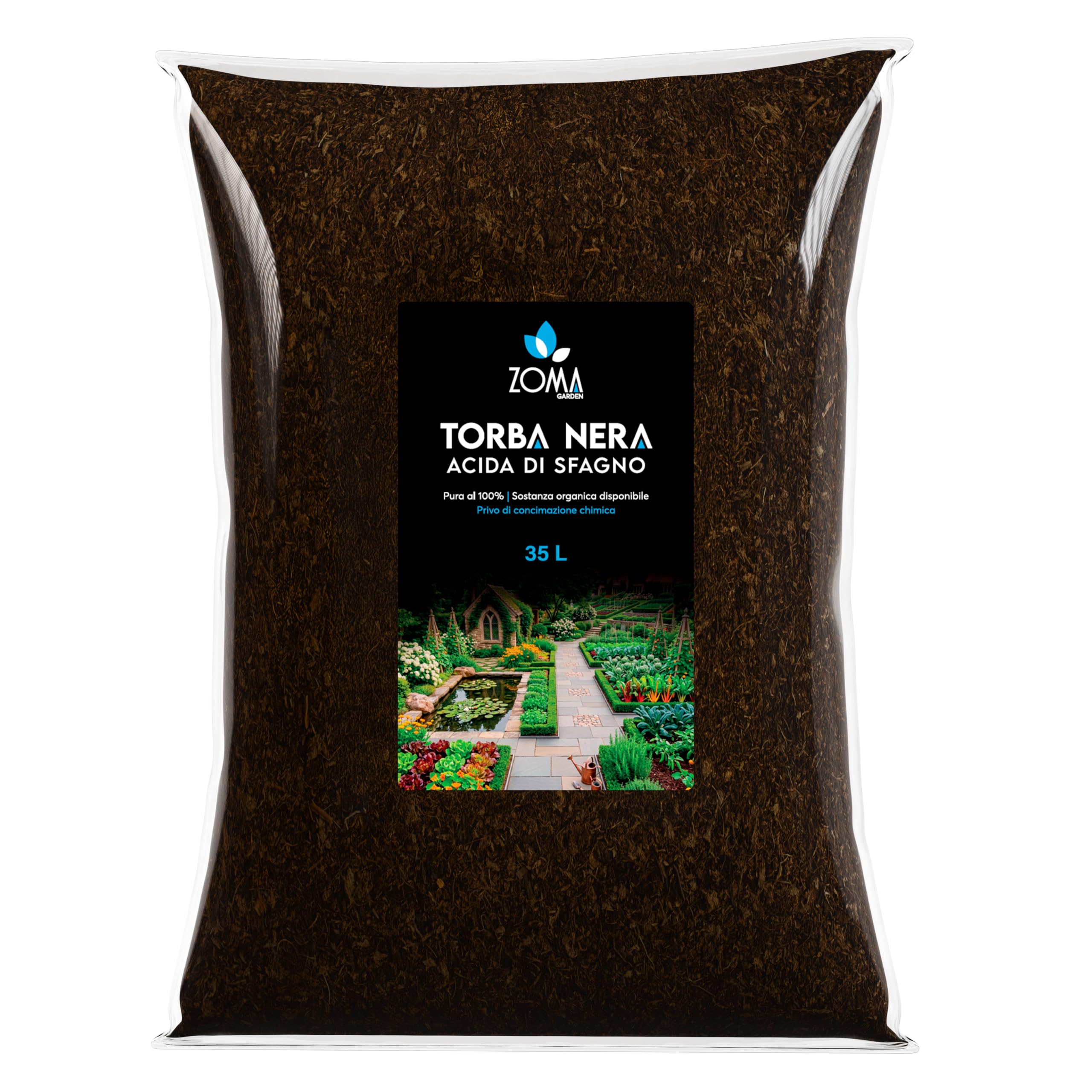 ZOMA Torba acida di sfagno nera Ph 4,5 qualità Superiore Sacco 35l, torba per piante estratta dalle torbiere baltiche, Ideale pura o in mescola con tutti i substrati - Made in Italy