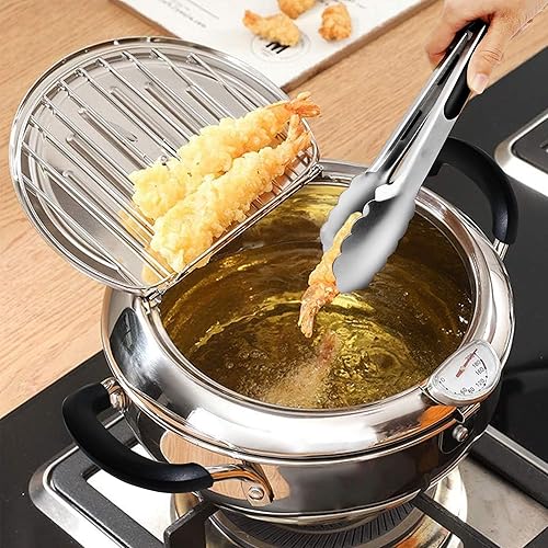 Miniatura 6 de Olla Tempura para freidora profunda con pinzas, asas y tapa de baquelita Cool Touch, acero inoxidable 304, 9.4 pulgadas con control de temperatura